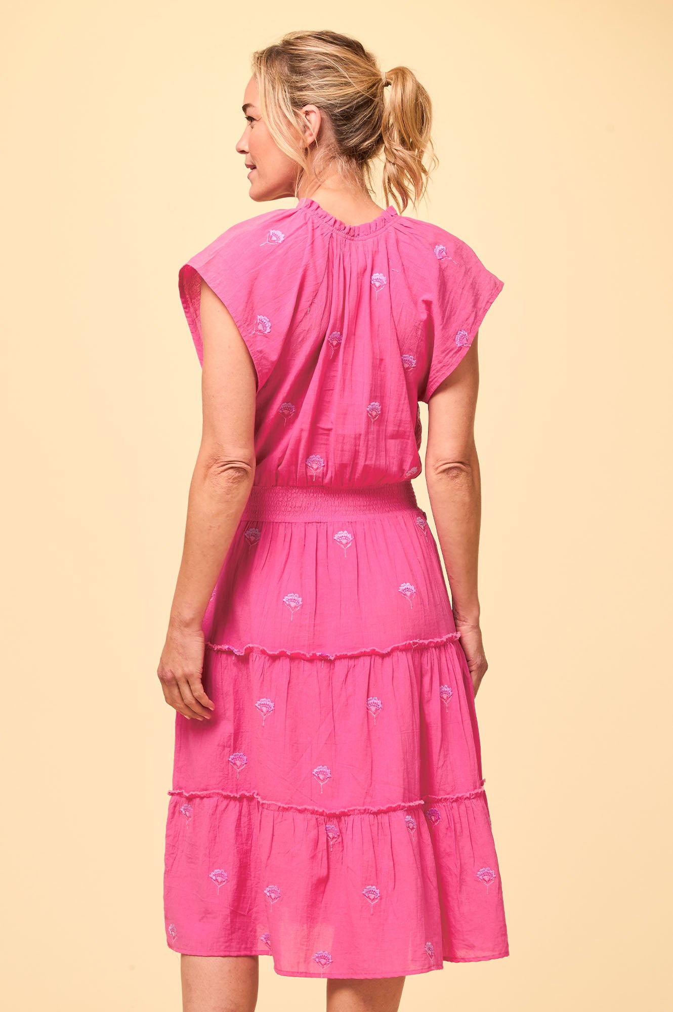Riley Embroidered Organic Cotton Dress - Strawberry Pink & Lilac Floral Summer Dress for Women | Perfect for Beach Vacations, Garden Parties & Casual Outings