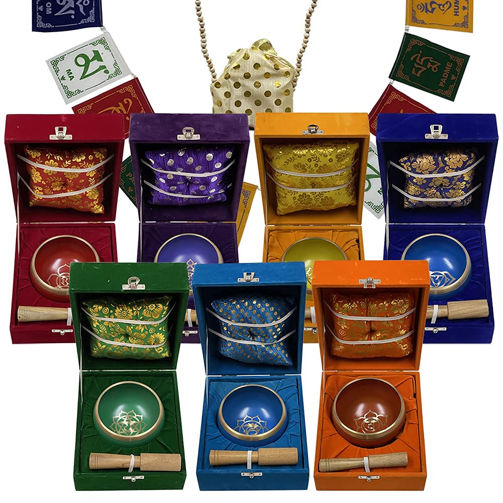 Chakra Singing Bowls Set - Tibetan Meditation Singing Bowls with Cushion Mallet, Tulsi Mala Beads & Prayer Flag for Mindfulness, Yoga & Spiritual Healing (Medium Size) - Perfect for Home Meditation, Sound Therapy & Relaxation