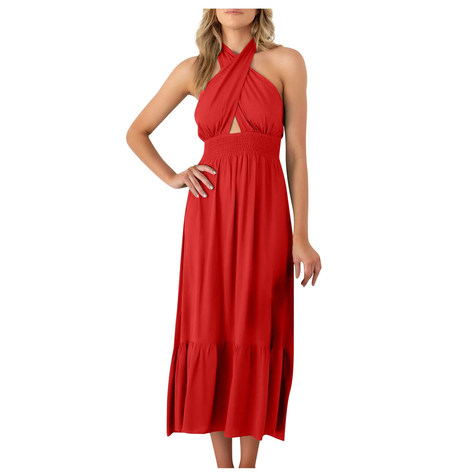 Women's Criss Cross Halter Neck Sleeveless Pleated Maxi Dress - A-Line Tie Waist Flowy Cocktail Dress for Summer Beach Party & Evening Events