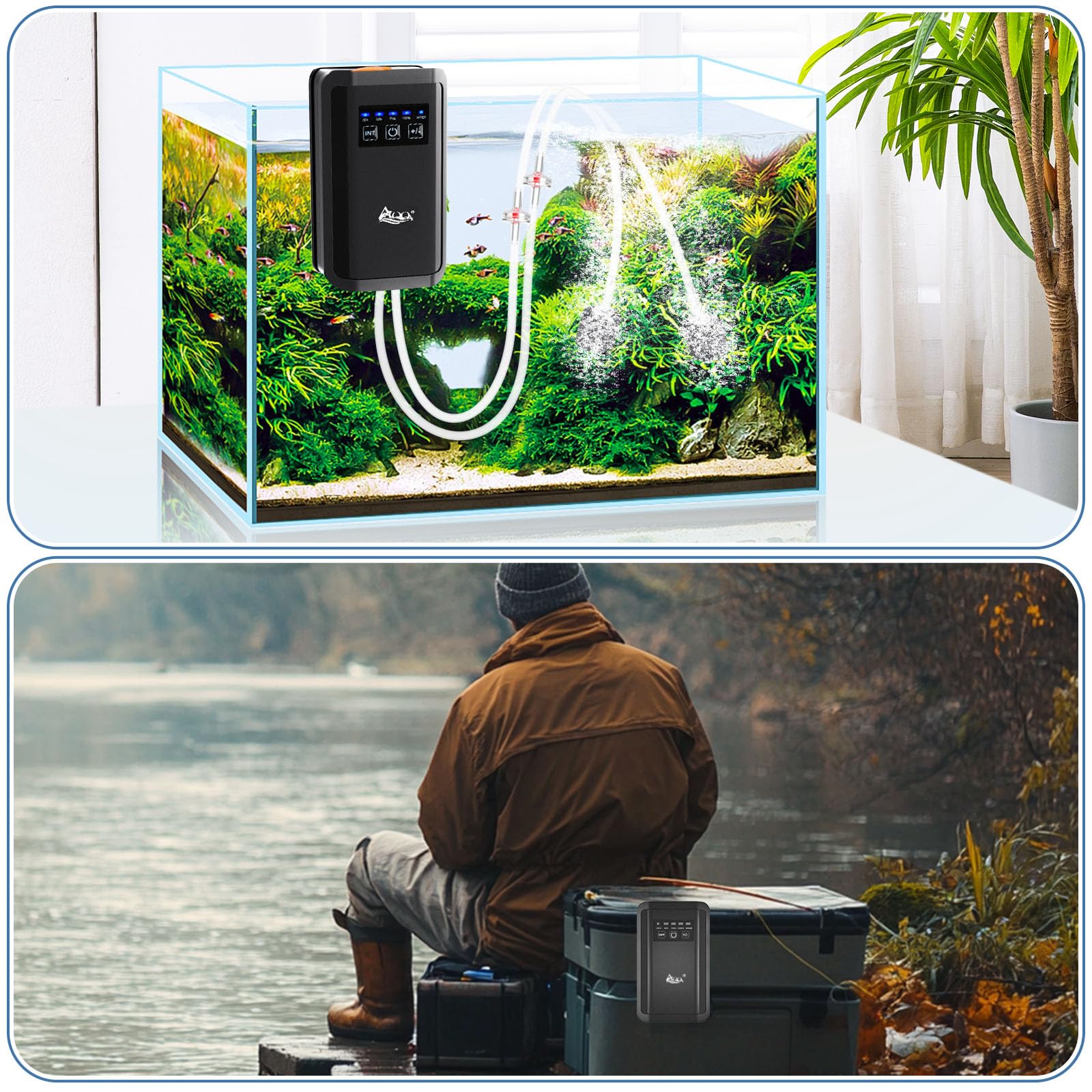 **AQQA Quiet Rechargeable Aquarium Air Pump - 5W 150GPH Battery Operated Fish Tank Oxygen Aerator with Dual Outlets, Air Stones & Tube - Perfect for Home, Office, or Outdoor Fish Tanks**