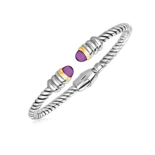 18K Yellow Gold & Sterling Silver Italian Cable Bangle Bracelet with Amethyst Dome Ends - Elegant Jewelry for Women, Perfect for Parties, Weddings & Special Occasions