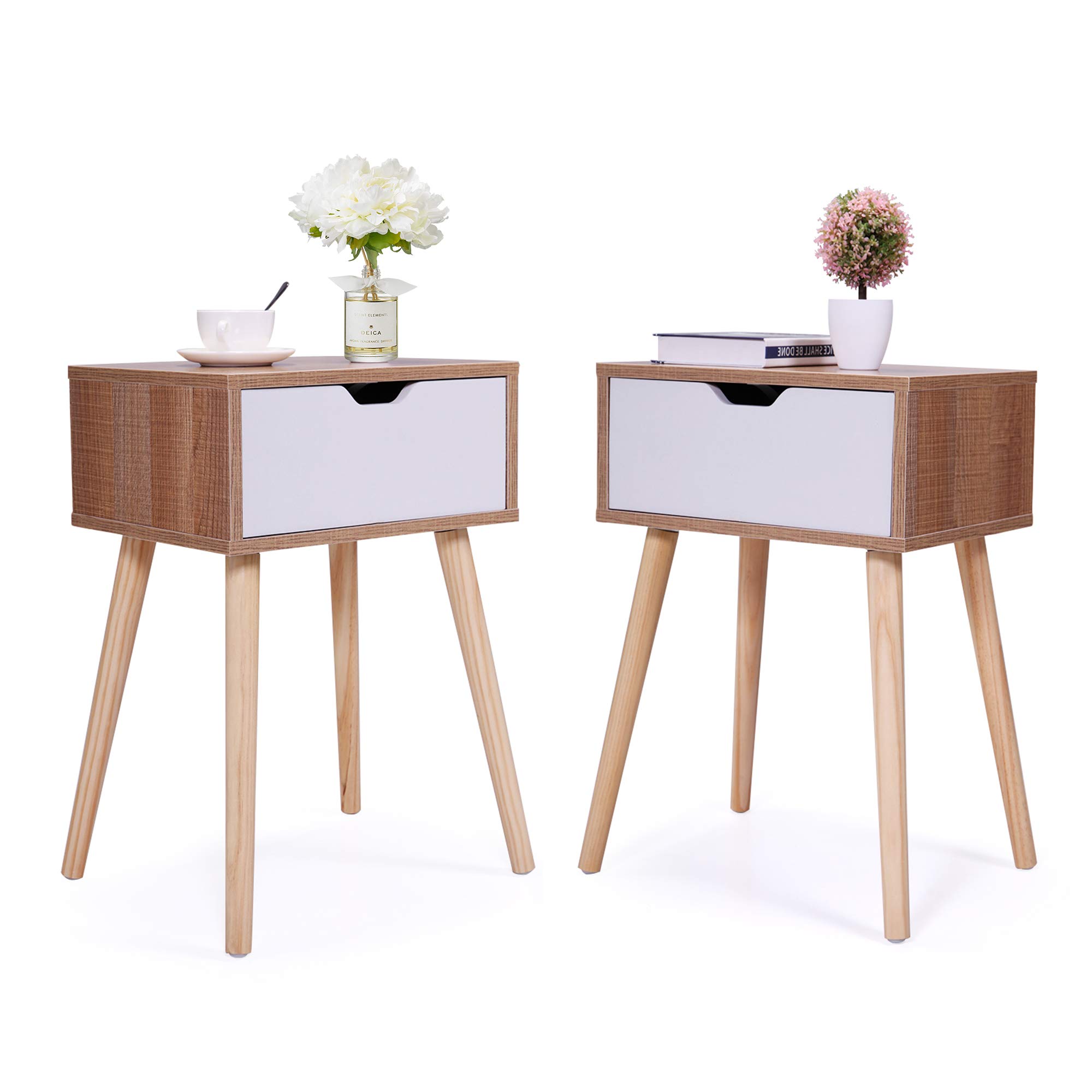 JAXPETY Set of 2 Nightstand End Tables with Storage Drawer & Solid Wood Legs - Modern Bedside Tables for Bedroom, Living Room, Home Office - White & Walnut Finish - Perfect for Storing Books, Lamps & Bedroom Essentials