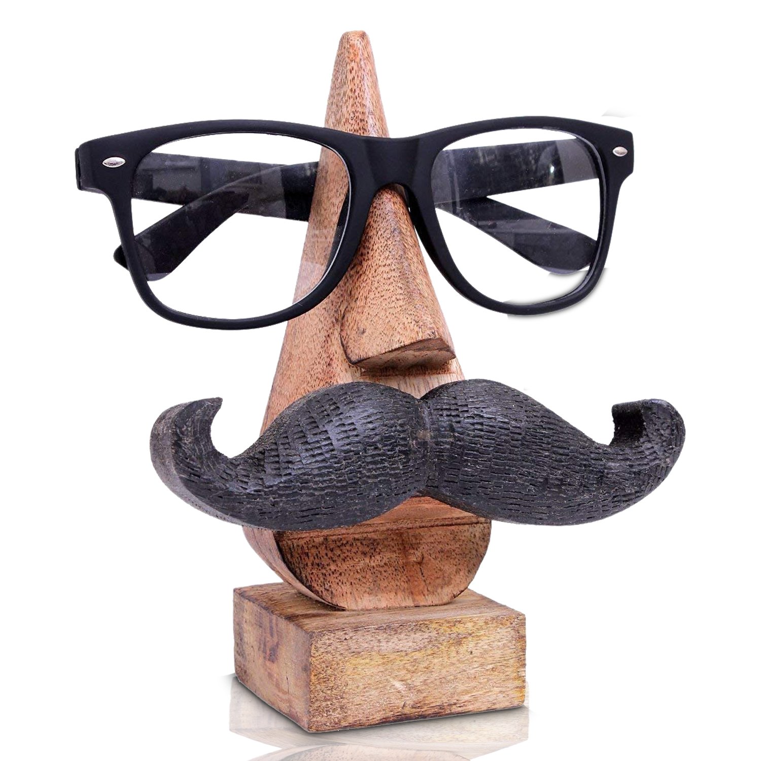 Wooden Glasses Holder with Mustache Design - 6 Inch Brown Eyeglass Stand for Desk, Bathroom or Nightstand - Perfect Easter, Mother's Day & Good Friday Gift for Men & Women