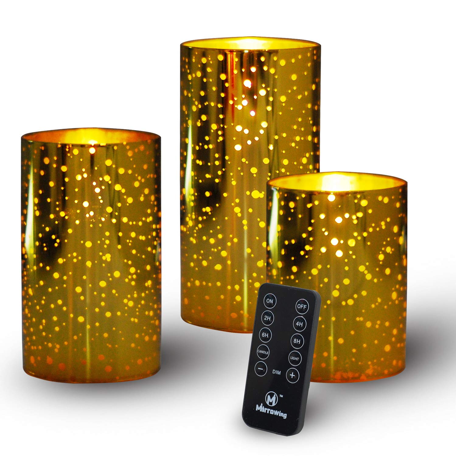 Realistic Flickering LED Flameless Candles - Gold Glass Battery Operated Candles with Remote & Timer, AA Batteries Included - Perfect for Christmas Decorations, Halloween Party Lighting & Home Ambiance
