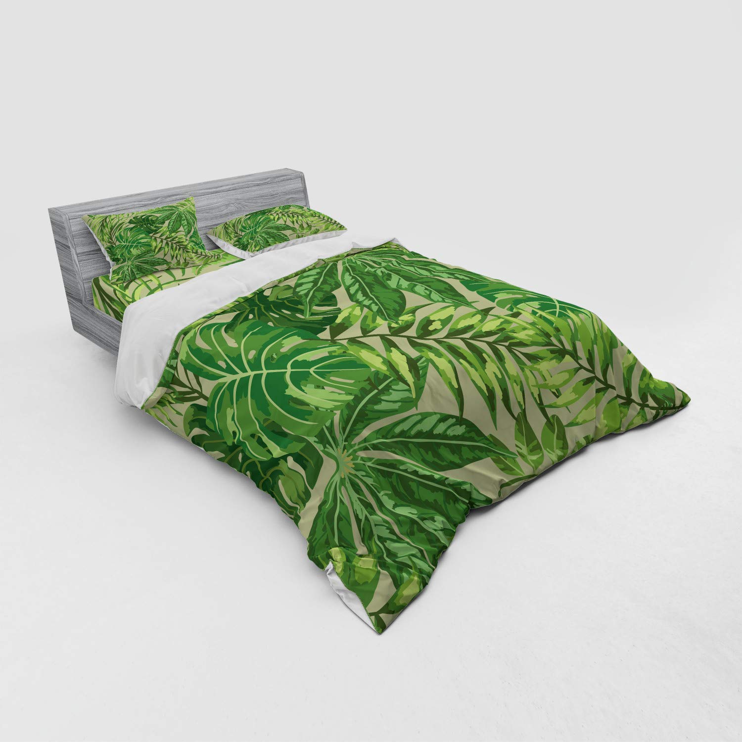 Ambesonne Tropical Leaf Duvet Cover Set - Queen Size 4-Piece Bedding with Shams & Fitted Sheet in Fern Green, Apple Green & Beige | Exotic Jungle Aloha Hawaii Pattern | Perfect for Beach House, Boho Bedroom & Tropical Themed Decor