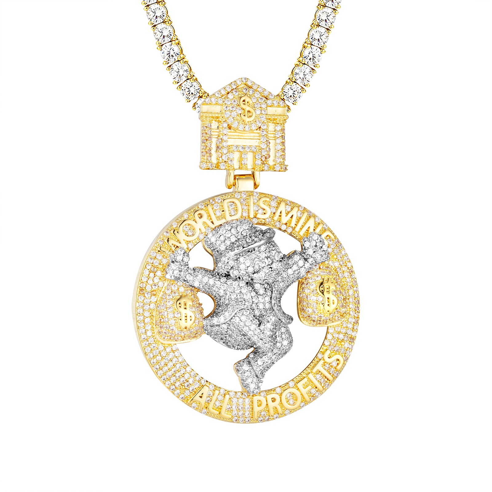 925 Sterling Silver 'World Is Mine' Dollar Bag Hip Hop Icy Custom Pendant Necklace for Men - Perfect for Streetwear, Rap Fashion & Jewelry Collection