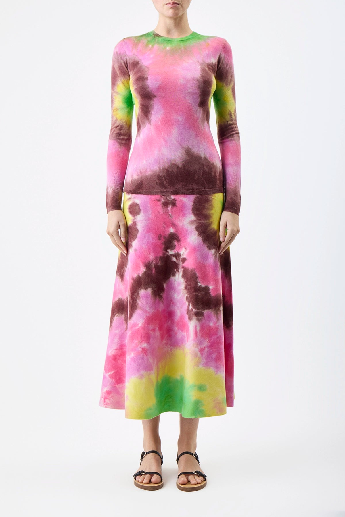 Olive Knit Midi Skirt in Multi Tie Dye Cashmere - Women's Boho Chic Skirt for Casual Outfits, Date Nights & Fall Fashion