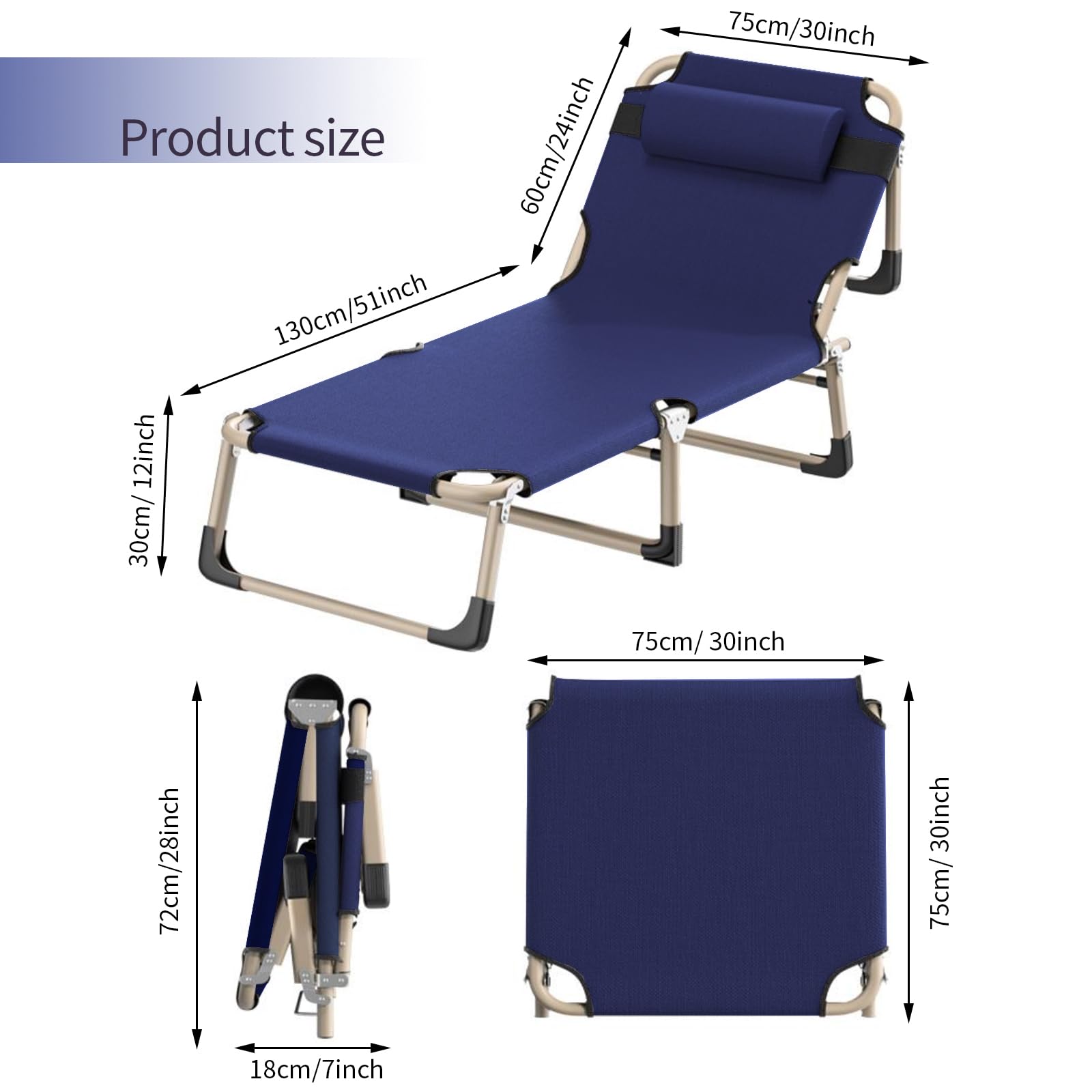 Extra Wide Camping Cots for Adults - Heavy Duty Folding Cot with Removable Mattress & Pillow, Portable Reclining Lounge Chair for Outdoor, Backyard, Beach, RV Trips - Perfect for Camping, Hiking & Travel (Blue)