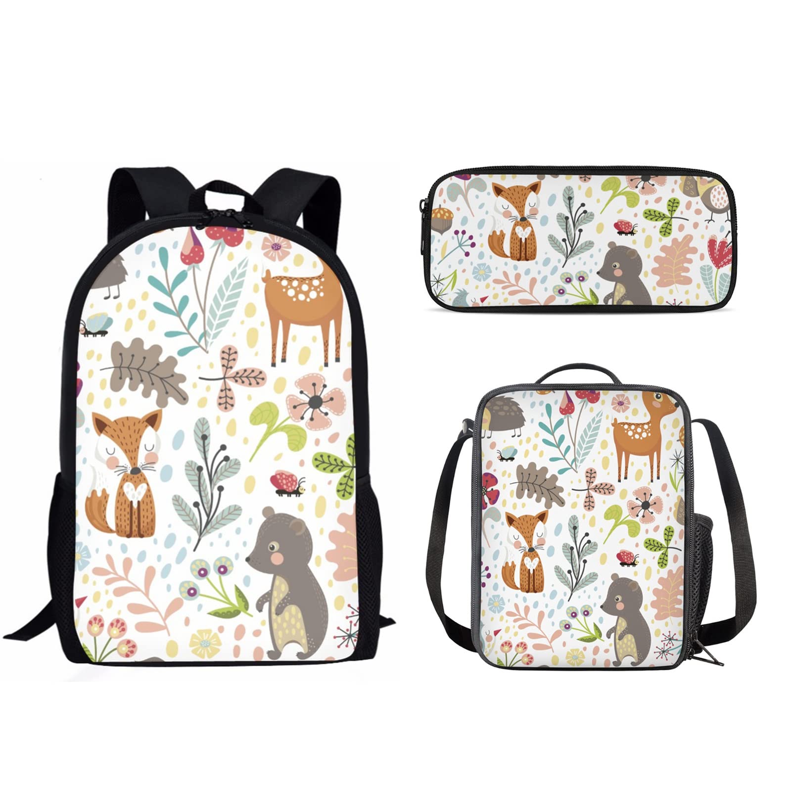 STUOARTE 3Pcs Backpack Set - Cute Cartoon Animals & Floral Print Daypack with Lunch Box & Pencil Case, 17 Inch Large Capacity Laptop Backpack for School, Travel & Hiking | Perfect for Students, Office & Outdoor Adventures