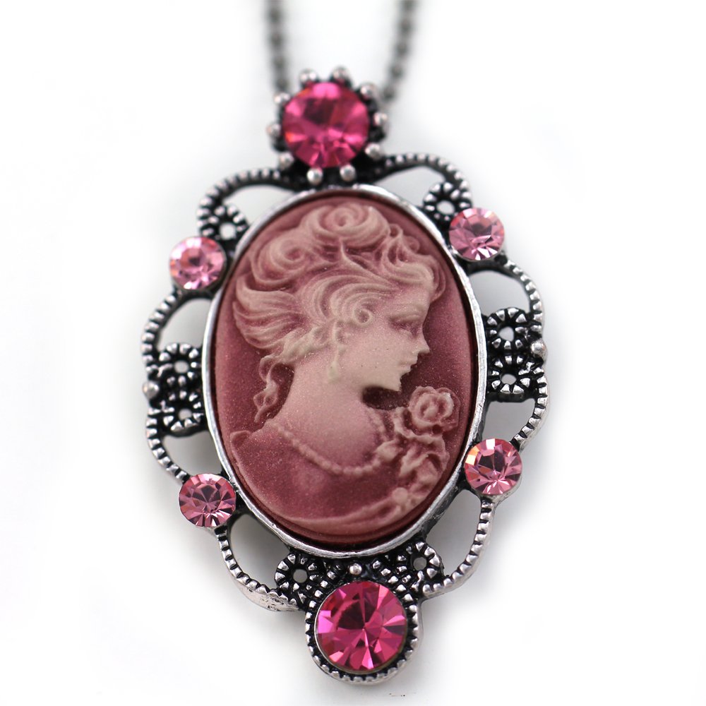 Elegant Hot Pink Cameo Pendant Necklace - Vintage Inspired Charm Jewelry for Women - Perfect for Valentine's Day Gifts, Date Nights & Special Occasions