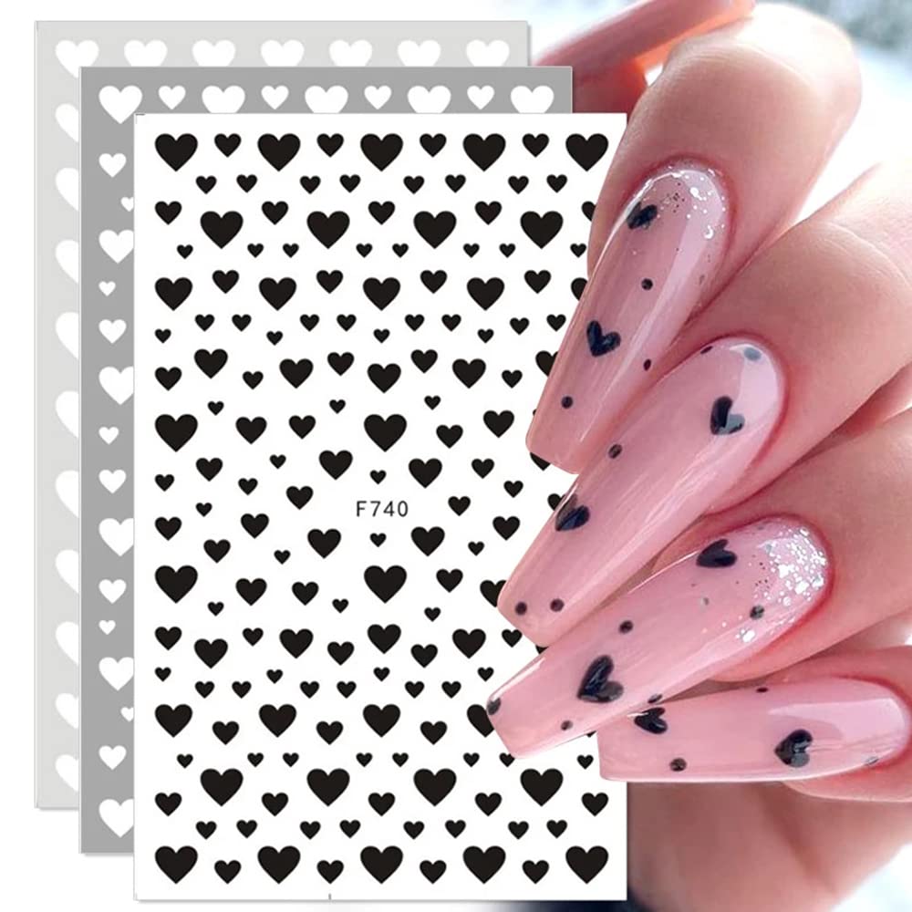 3D Self-Adhesive Nail Stickers - Black Heart Love Nail Decals for Valentine's Day, Heart Star Nail Art Designs in Black, White & Red - 6 Sheets for Women's Manicure & Nail Decoration | Perfect for Parties, Weddings, Date Nights & Special Occasions