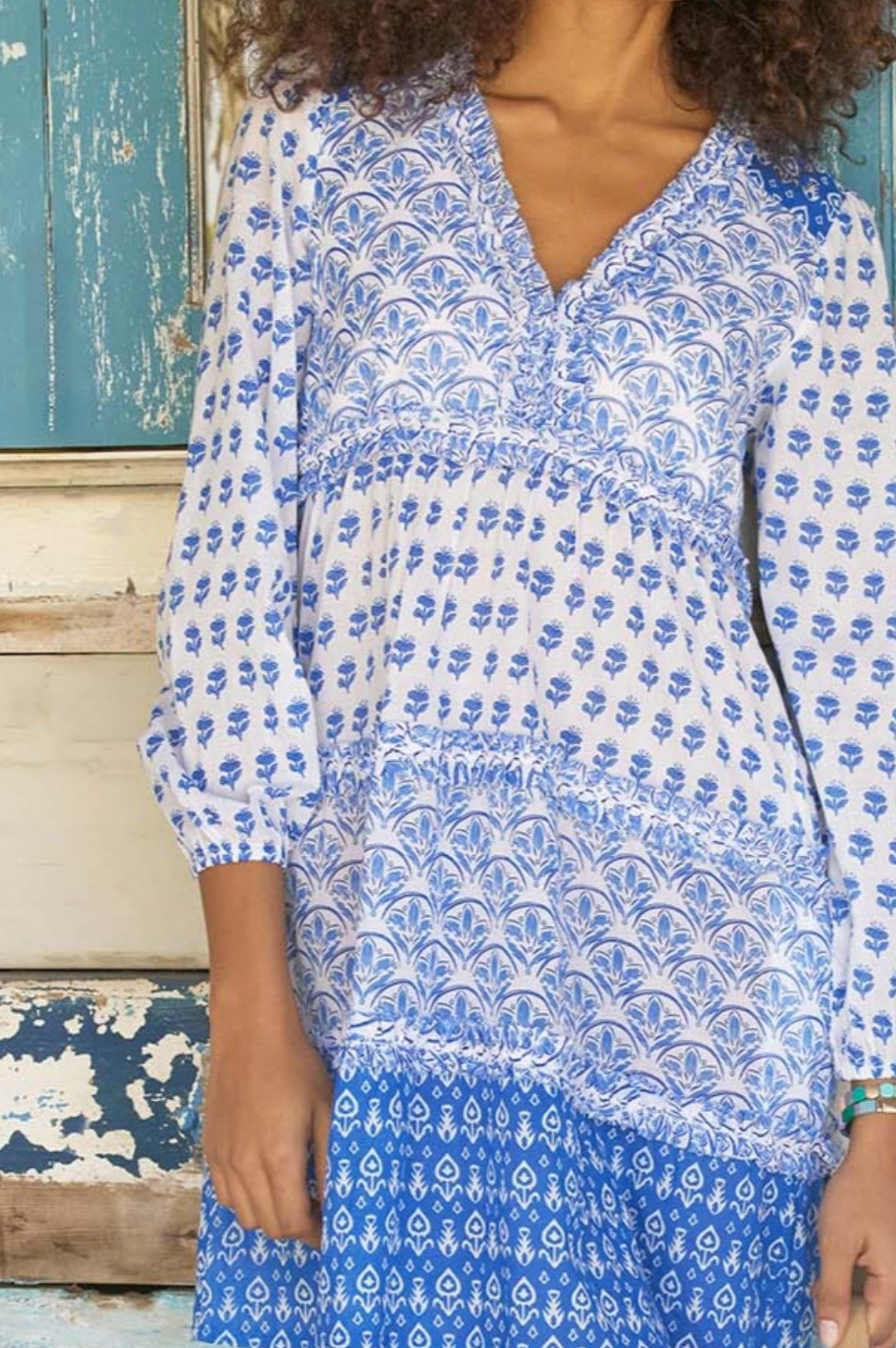 Henrietta Dress - Floral Print Mix White and Blue | Women's Summer Casual Dress for Beach, Party, and Everyday Wear