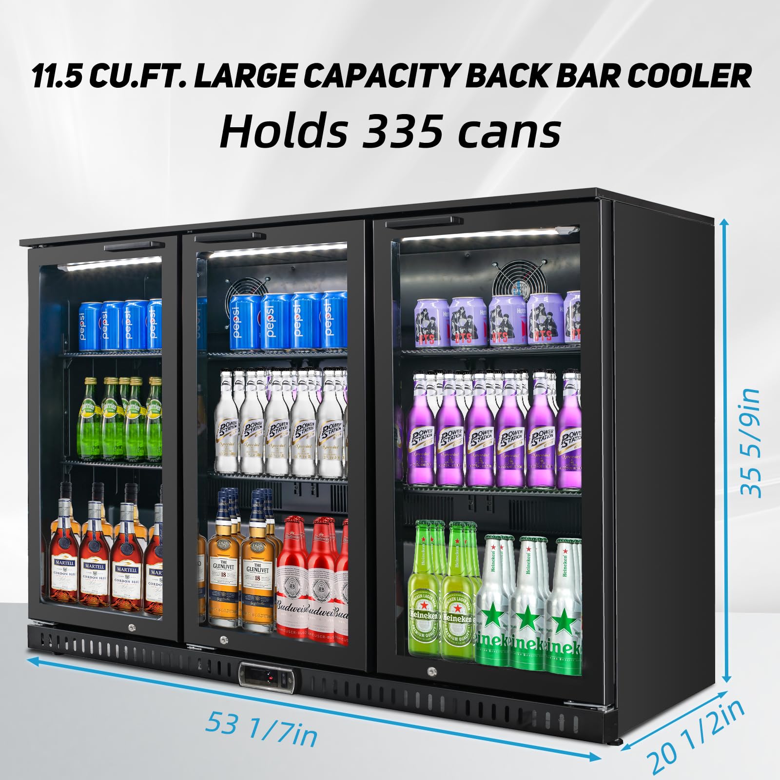 11.5 cu.ft Commercial Back Bar Cooler with 3 Glass Doors - Under Counter Beverage Refrigerator for Soda, Beer & Wine - Energy Efficient LED Lighting Mini Fridge - Perfect for Bars, Restaurants, Home Bars and Entertainment Spaces