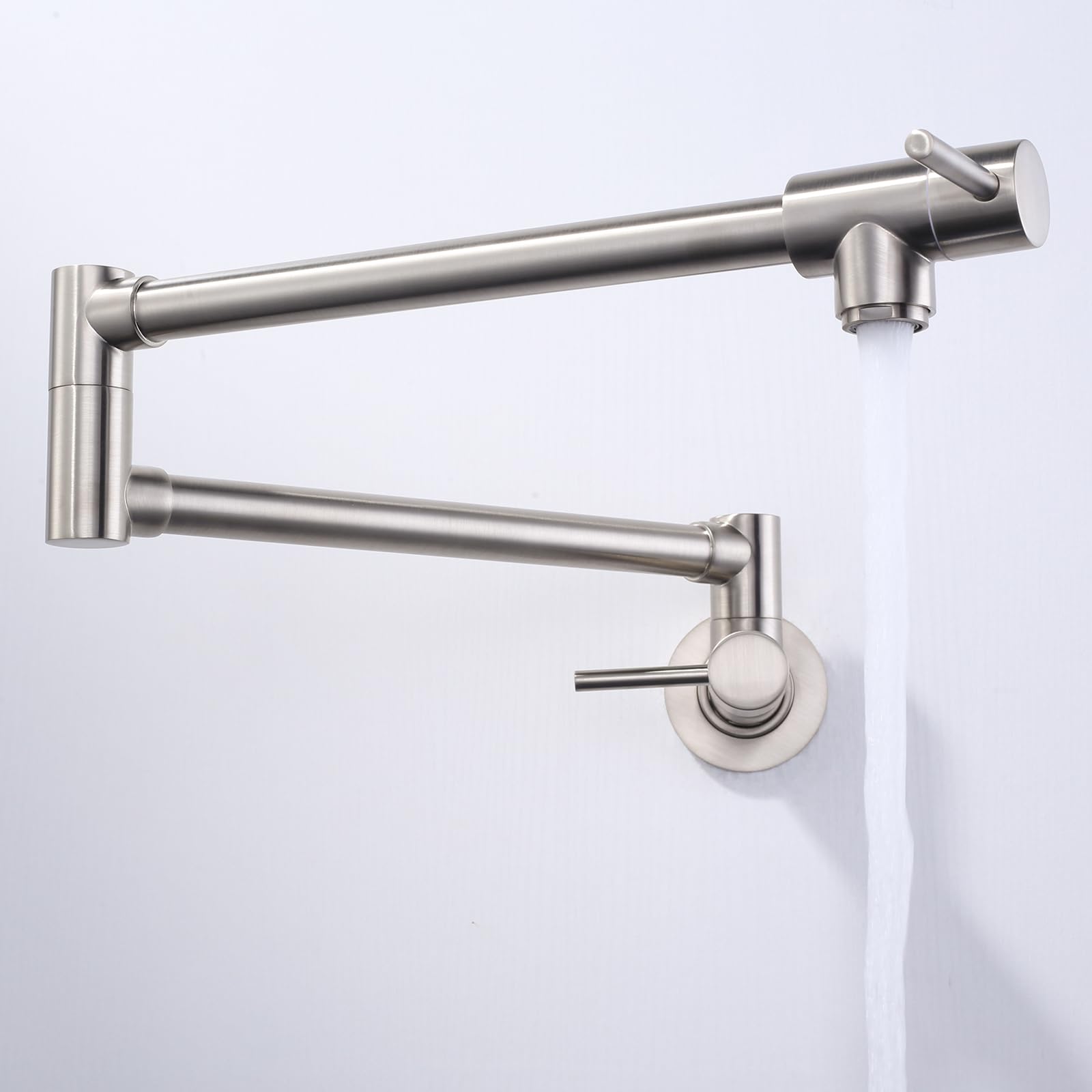 ALEASHA Brushed Nickel Wall Mount Pot Filler Faucet - Retractable Single Hole Kitchen Faucet with Dual Handles for Stove & Cooking Area | Ideal for Pasta Making, Soup Cooking, Large Pot Filling & Professional Kitchen Use
