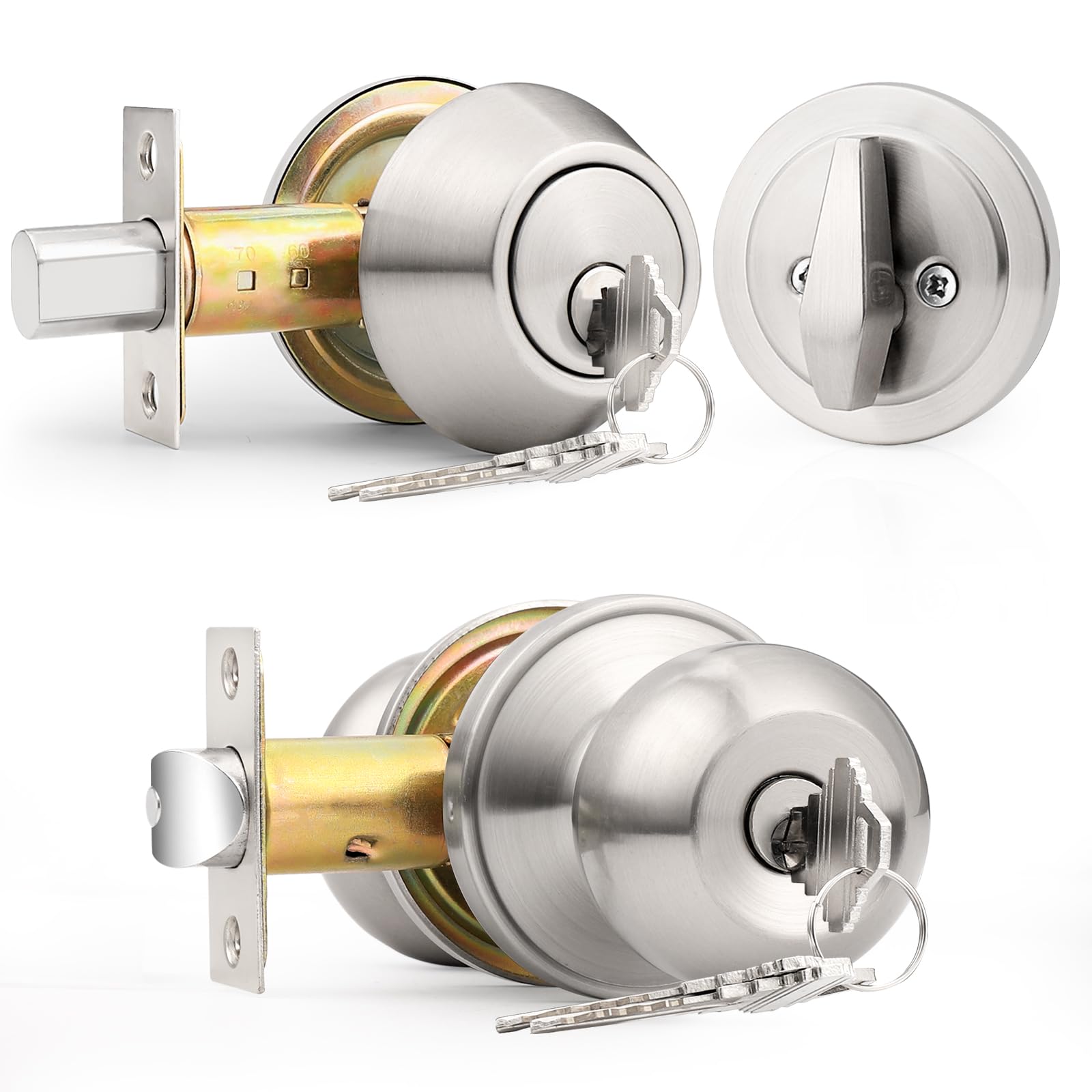 Probrico Satin Nickel Door Handle Set with Deadbolt - Keyed Alike for Home Security