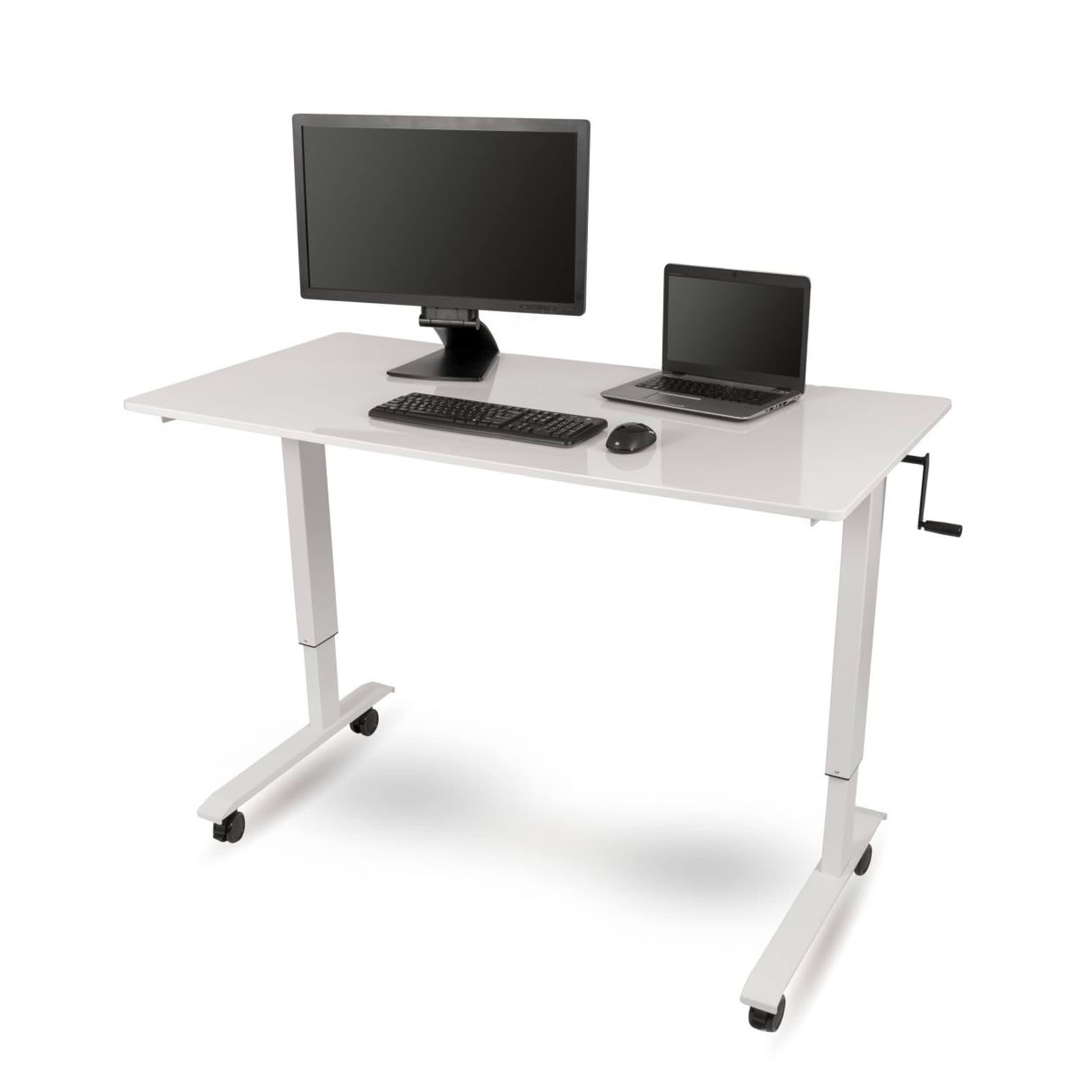 Adjustable Height Rolling Standing Desk with Crank - White Frame & Gloss White Top (60
