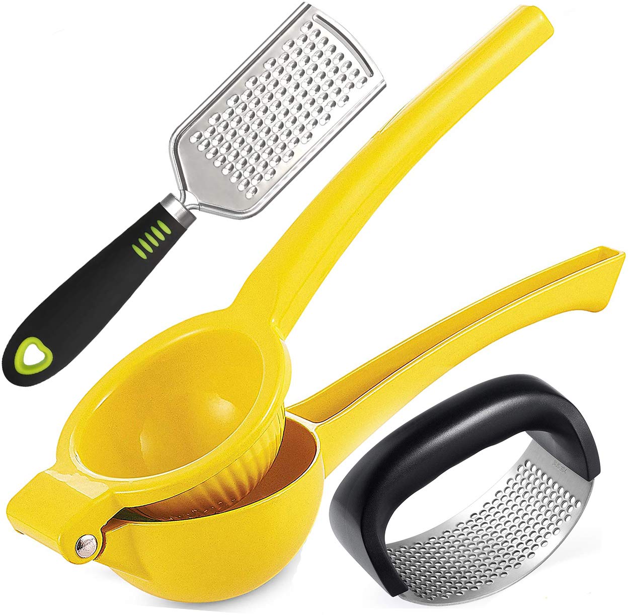 3-in-1 Stainless Steel Lemon Squeezer, Garlic Press & Hand Grater Set - Manual Citrus Juicer, Ginger Crusher & Cheese Grater for Kitchen, Baking & Cocktail Making - Perfect for Fruits, Vegetables, Nuts & Chocolate