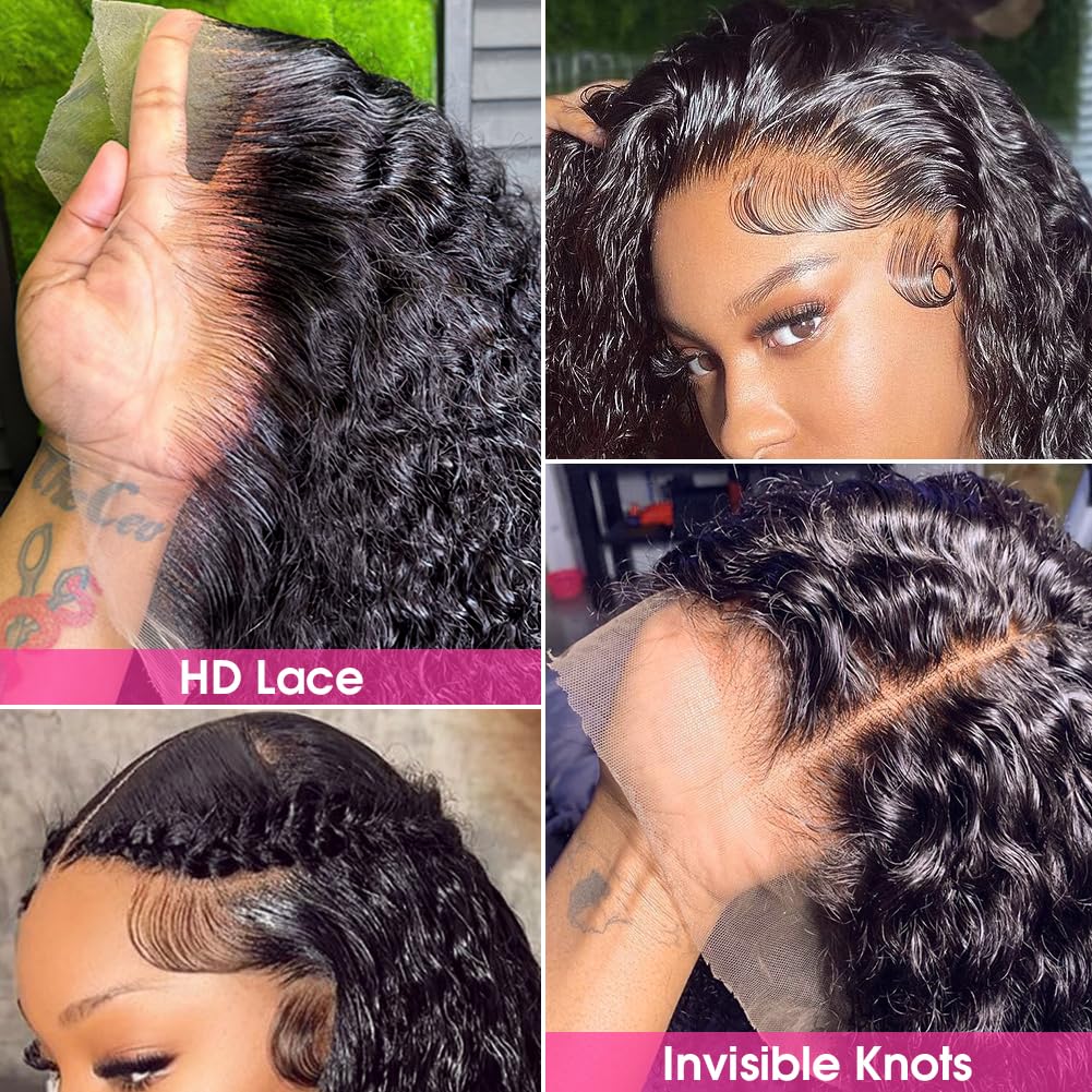 13x4 HD Transparent Lace Front Wigs Human Hair with Baby Hair & Bleached Knots - 180% Density Brazilian Deep Wave Human Hair Wigs for Black Women (24 Inch, Black) - Perfect for Daily Wear, Special Occasions & Protective Styling