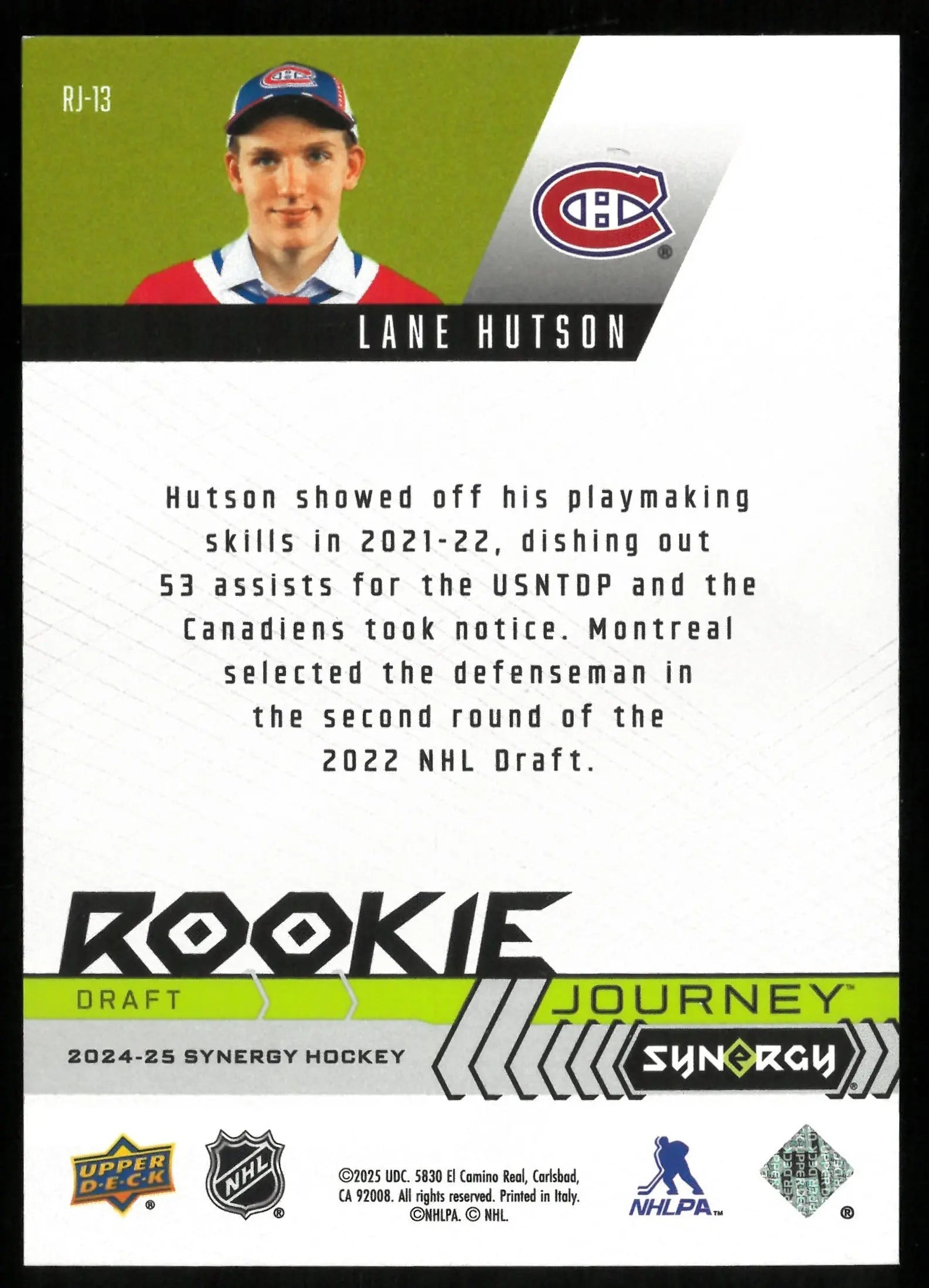 2024-25 Upper Deck Synergy Hockey Lane Hutson Rookie Card Yellow Parallel /199 - Collectible Sports Memorabilia for Hockey Fans & Card Enthusiasts