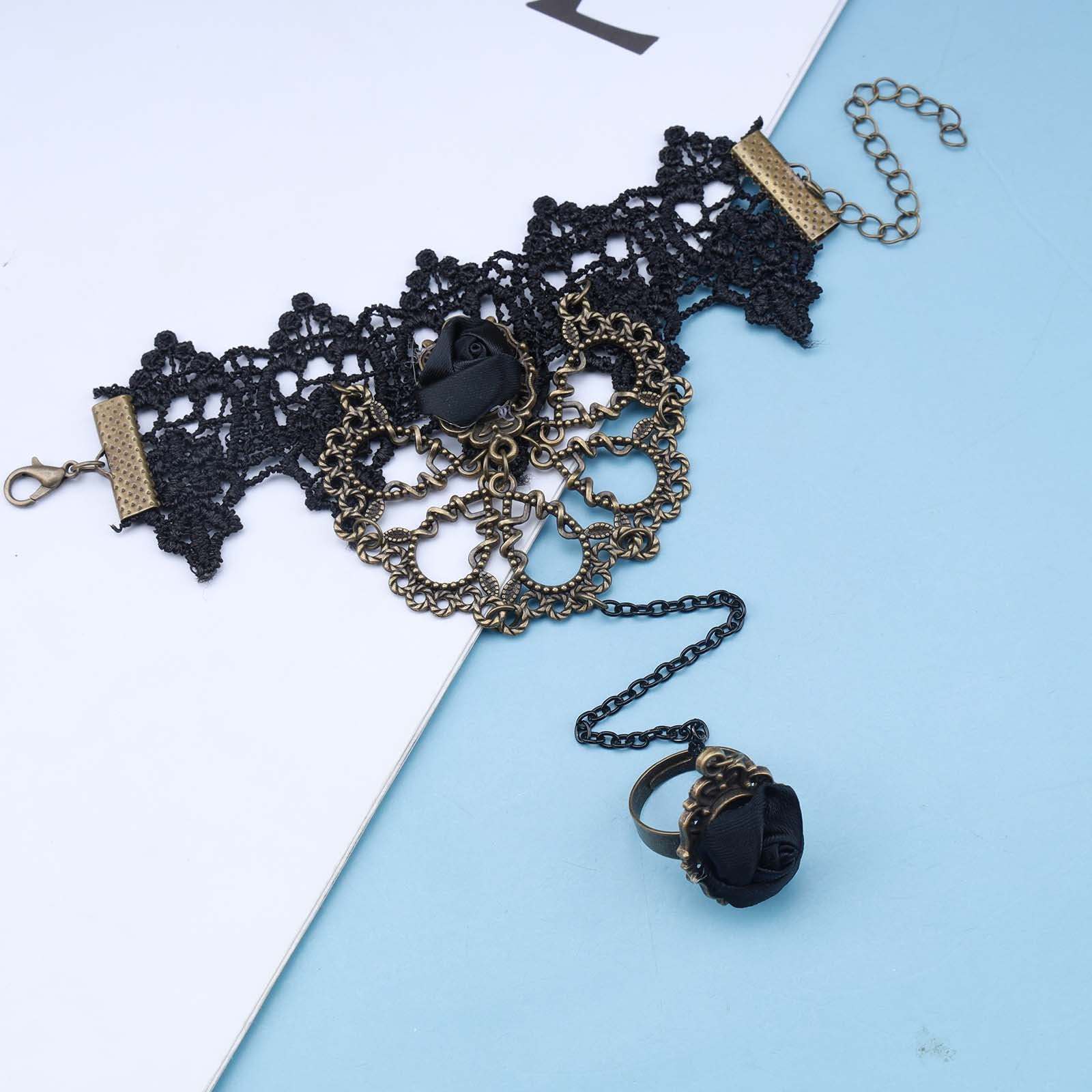 Vintage Black Lace Finger Bracelet with Rose Flower - Gothic Slave Bracelet Jewelry for Women & Girls | Hand Chain Bracelet for Cosplay, Gothic Fashion & Boho Style