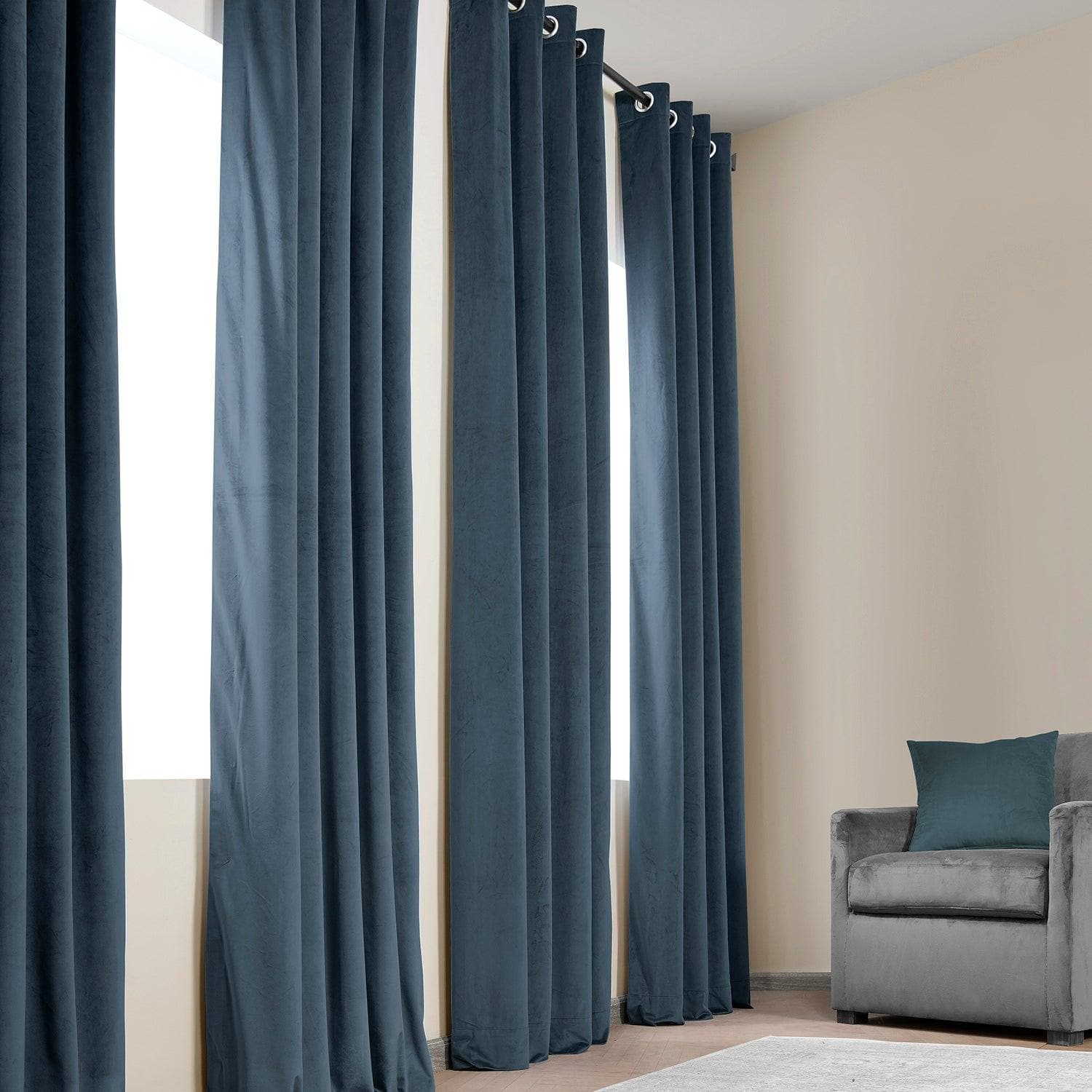 London Blue Grommet Heritage Plush Velvet Blackout Curtains for Bedroom - Thermal Insulated Window Drapes for Living Room & Nursery