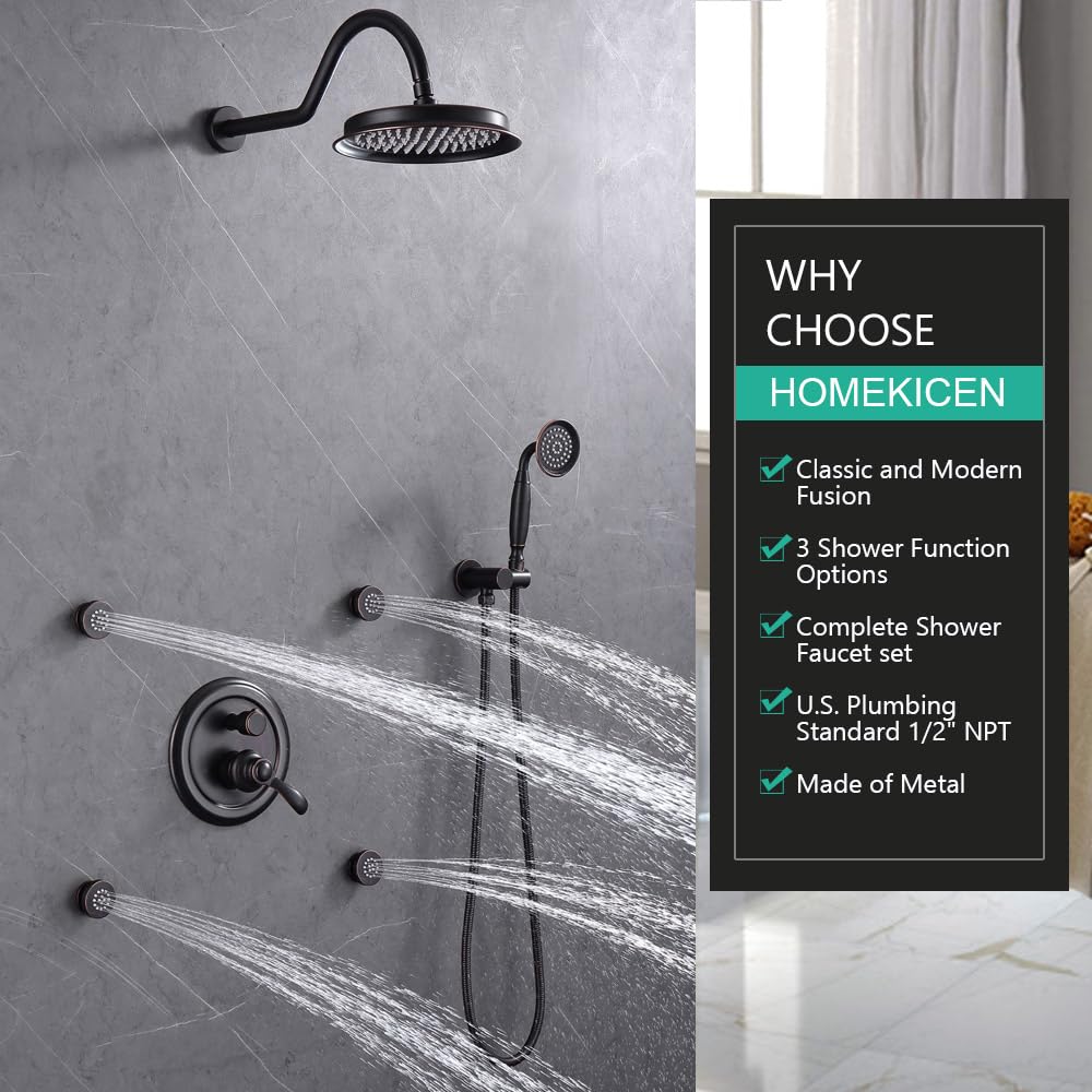 Antique Shower Faucet Set - 9 Inch Wall Mount Rain Shower Head with Handheld Spray & Body Jets, 3-Way Diverter Valve System & Trim Kit in Oil Rubbed Bronze Finish | Perfect for Luxury Bathroom Renovations & Spa-Like Shower Experiences