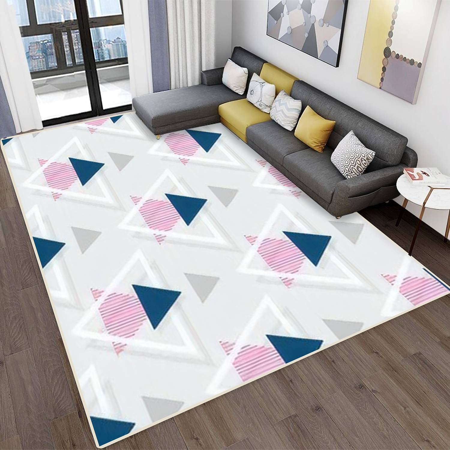 Modern Abstract Geometric Area Rug - Stain Resistant Triangle Pattern Carpet for Living Room, Bedroom & Bathroom - 63