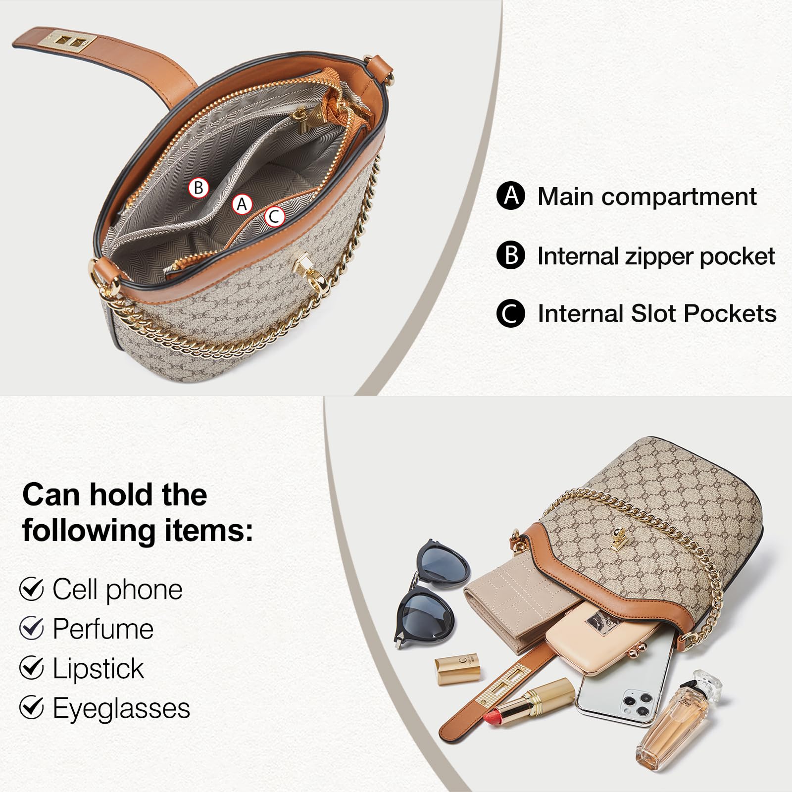 FOXLOVER Women's Small Crossbody Phone Bag with Chain Strap - Lightweight PVC Leather Top Handle Vertical Purse for Everyday Use, Travel & Shopping