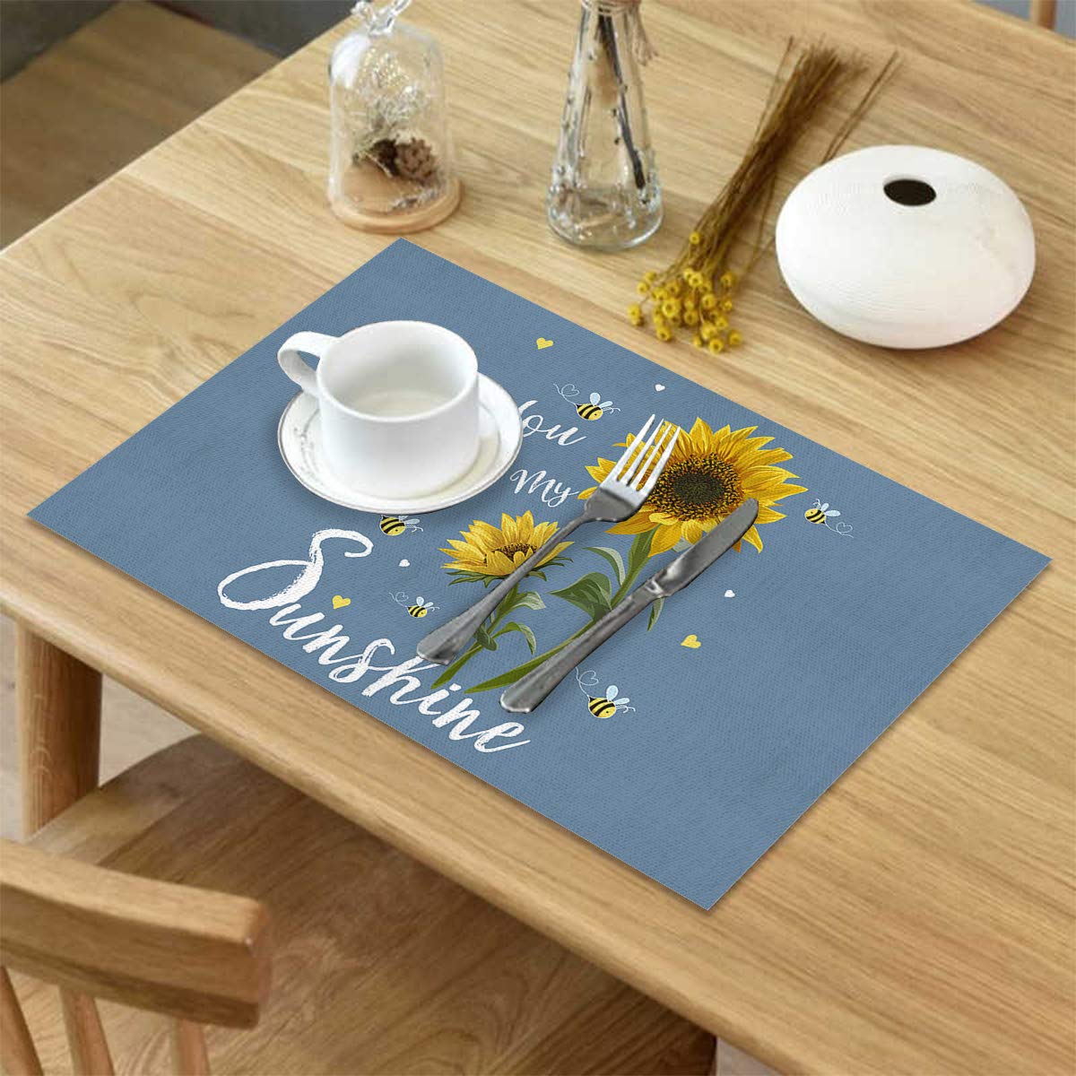 Rustic Sunflower & Bee Placemats Set of 4 - Heat Resistant Washable Burlap Table Mats for Dining, Round & Outdoor Patio Tables - Blue Haze Farmhouse Decor - Perfect for Spring Gatherings, Picnics & Outdoor Entertaining