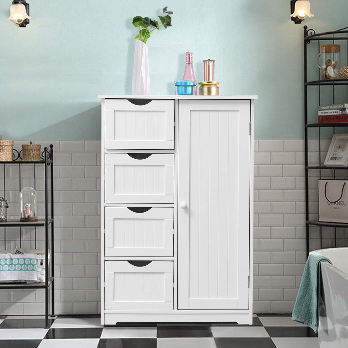Waterjoy White 4-Drawer Wooden Storage Cabinet with Door & 2 Shelves - Bathroom Organizer, Entryway Cupboard, Toy Storage Solution for Home & Office Organization