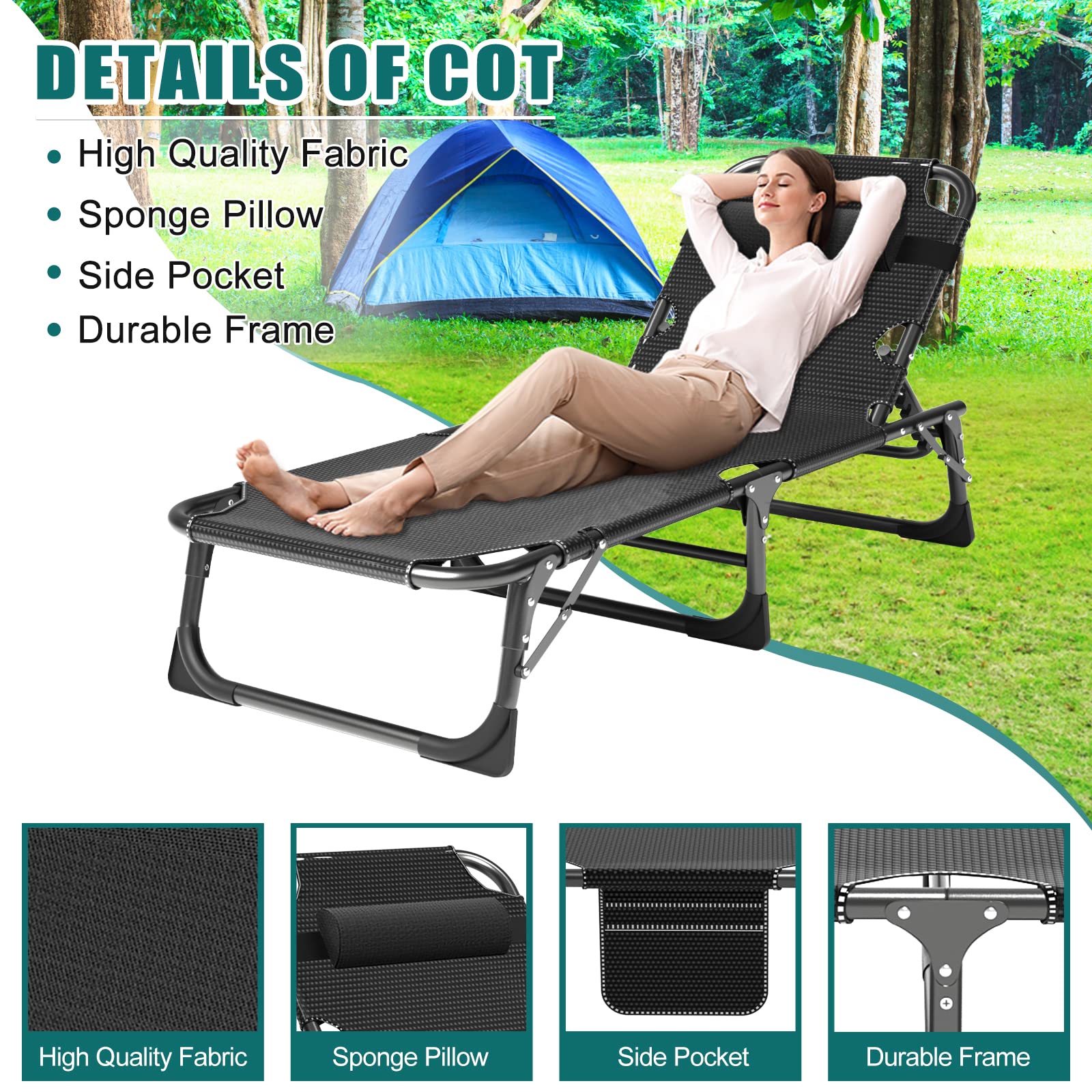 DoCred 5-Position Adjustable Folding Lounge Chair with Mattress - Portable Sleeping Bed Cot for Camping, Beach, Pool, Patio & Sunbathing | Perfect Outdoor Relaxation, Travel & Backyard Lounging