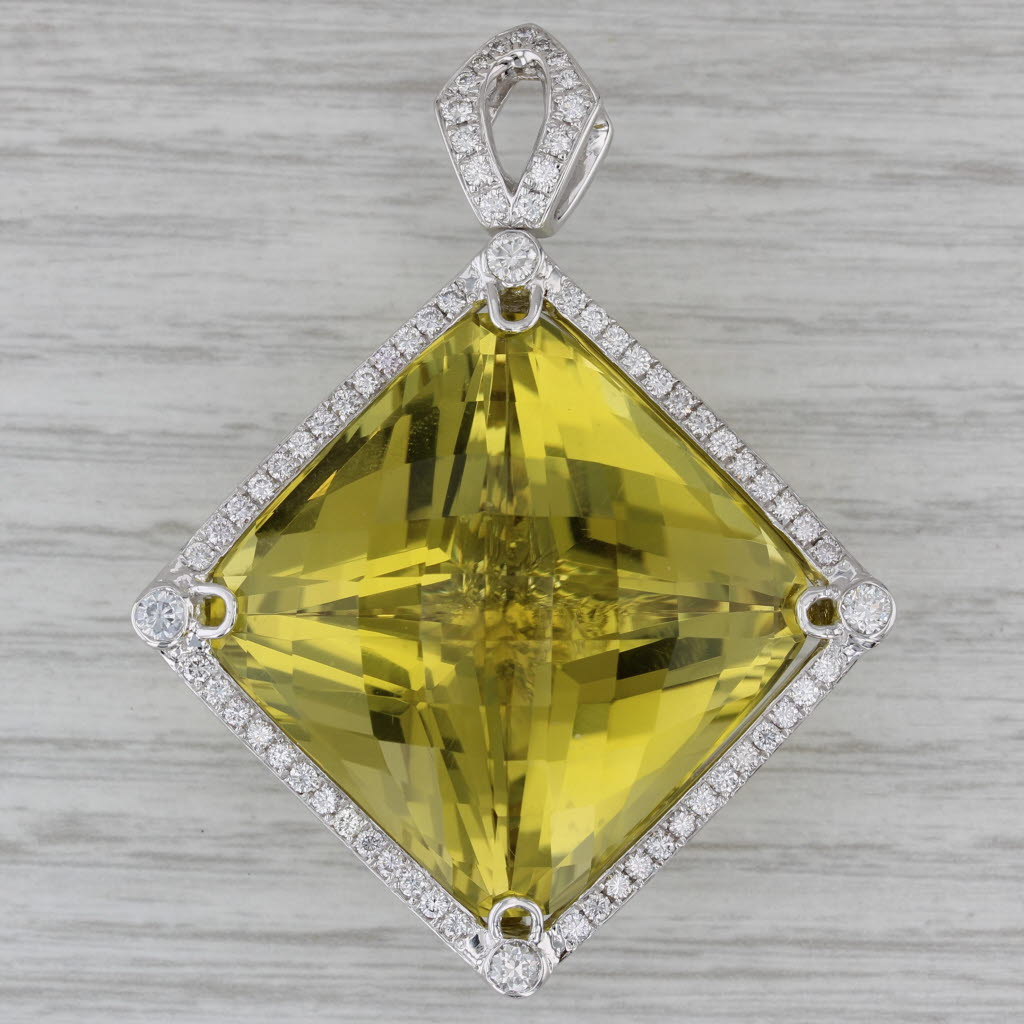 93.76 Carat Lemon Quartz Diamond Halo Statement Pendant Necklace in 18K White Gold - Elegant Jewelry Gift for Women, Perfect for Weddings & Special Occasions