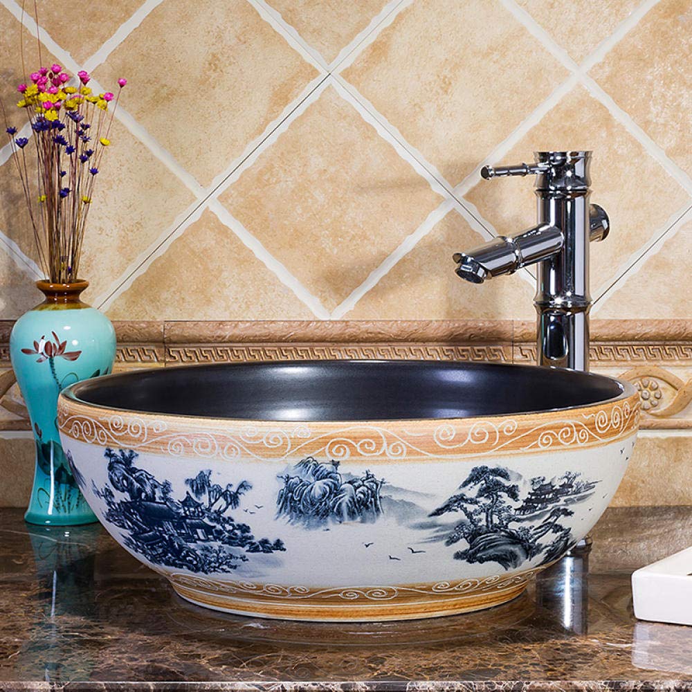 Modern SHAWLA Ceramic Vessel Sink - Glazed Art Countertop Bathroom Basin for Vanity | Retro Style Wash Basin for Powder Room, Guest Bath & Master Bathroom Decor