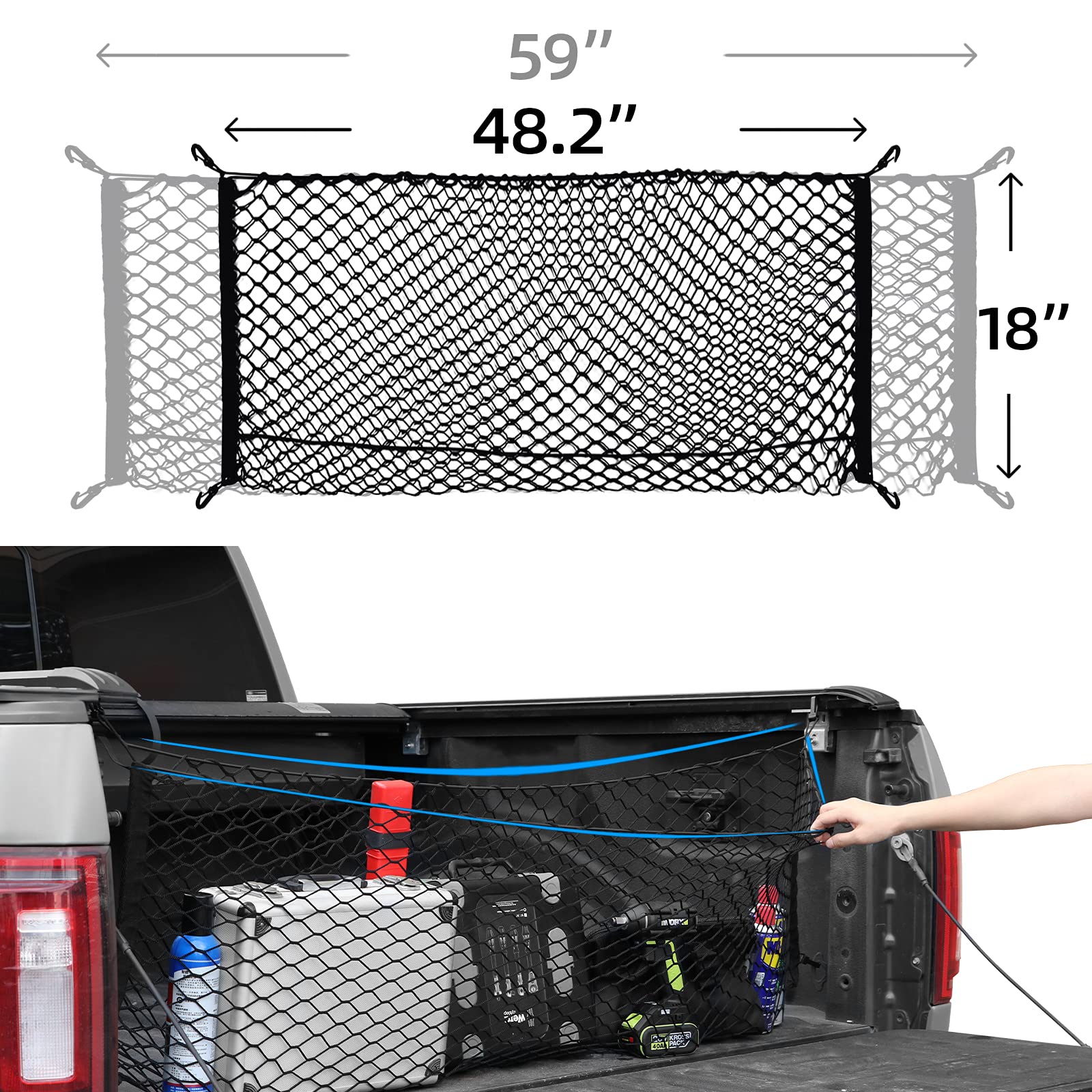 Heavy-Duty Truck Bed Cargo Net - Elastic Mesh Storage Organizer with Hooks for Pickup Trucks | Secure Groceries, Tools & Equipment | Perfect for Camping, Road Trips & Work Hauling