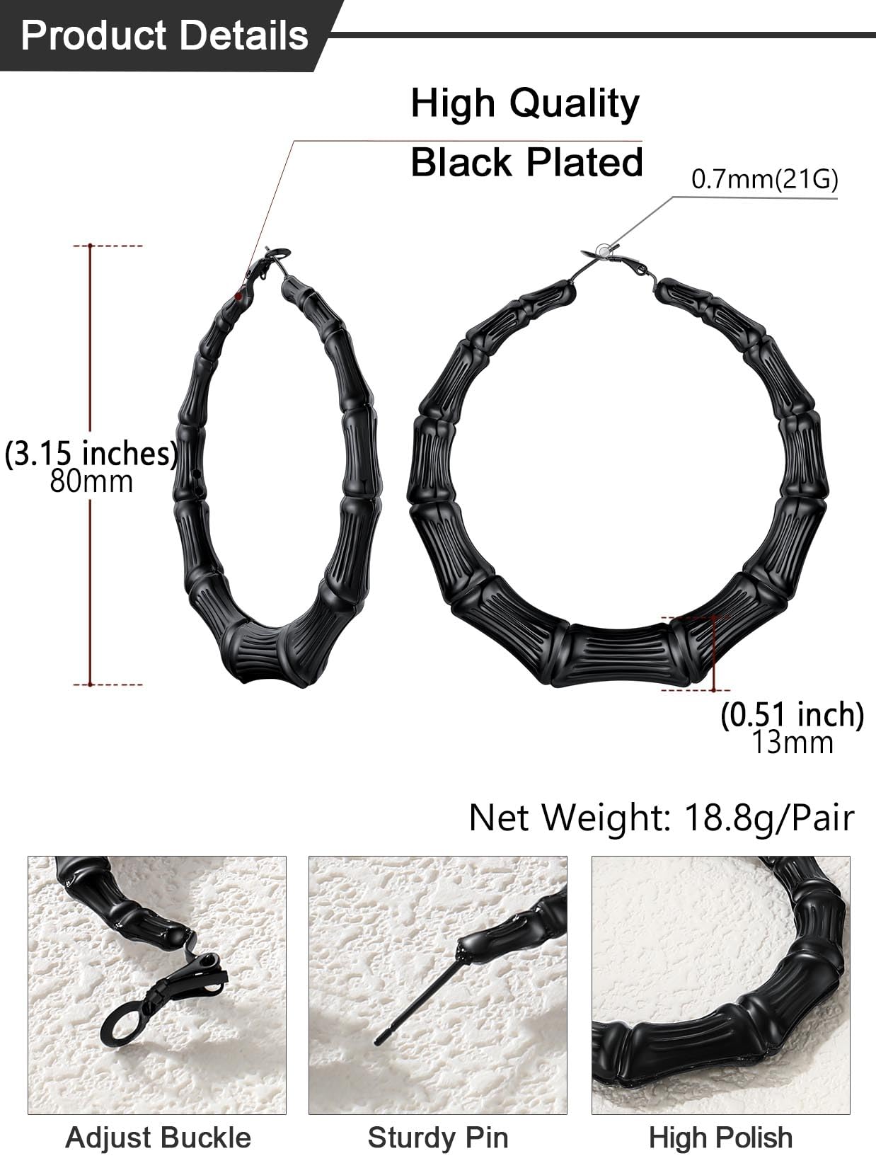 U7 Bamboo Hoop Earrings for Women - Stainless Steel, Personalized Black or 18K Gold Plated Statement Earrings - Extra Large Hip Hop Name Hoops - Perfect for Parties, Fashion Jewelry & Gift Giving