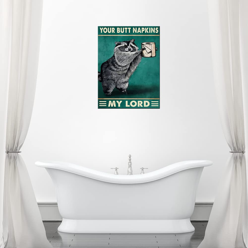 Funny Retro Raccoon Bathroom Wall Art - 'Your Butt Napkins My Lord' Canvas Print - 12x16 Inch Animal Decor for Home, Office & Gifts - Perfect for Bathrooms, Living Rooms & Funny Spaces