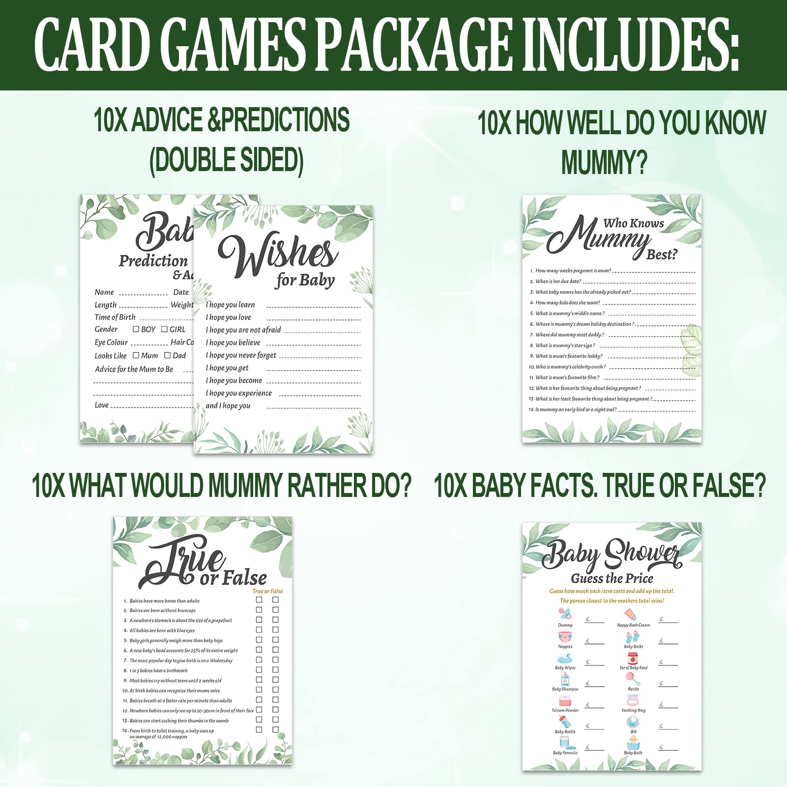 HOWAF Baby Shower Games Set - 50 Neutral Unisex Baby Prediction Cards (Who Knows Mommy Best, Guess the Weight & Date) - Fun Baby Shower Party Games & Decorations for Coed Showers, Gender Reveals & Newborn Celebrations - Perfect for Indoor & Outdoor Baby Showers