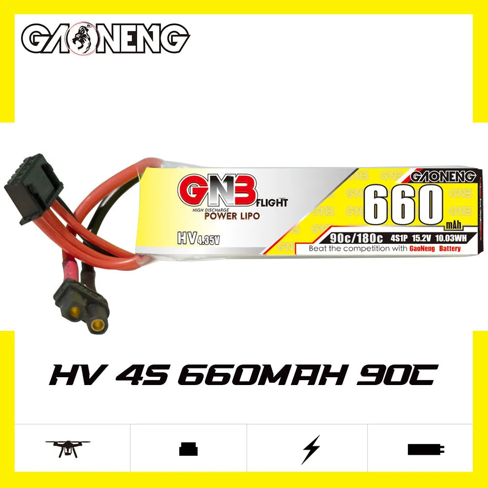 GAONENG GNB 4S 15.2V 660mAh 90C XT30 LiPo Battery Pack of 2 - High Performance RC Drone FPV Racing Battery for Quadcopters, Drones & RC Cars
