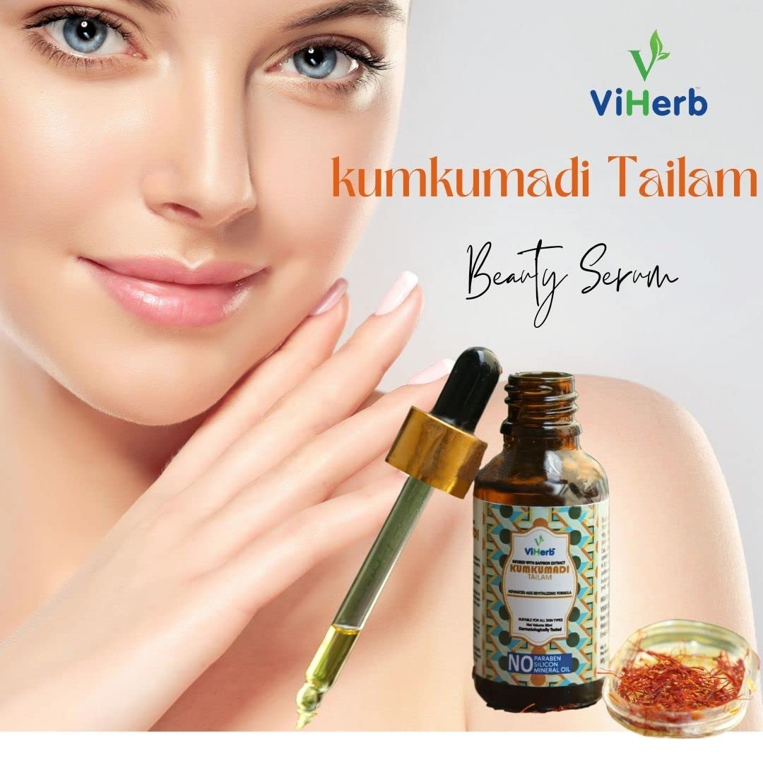 Viherb Kumkumadi Tailam Serum for Brightening & Glowing Skin | Reduces Wrinkles, Hyperpigmentation & Dark Circles | Anti-Aging Face Serum with Fine Line & Sun Damage Correction (30ml) | Perfect for Nighttime Skincare Routine & Daily Radiance Boost