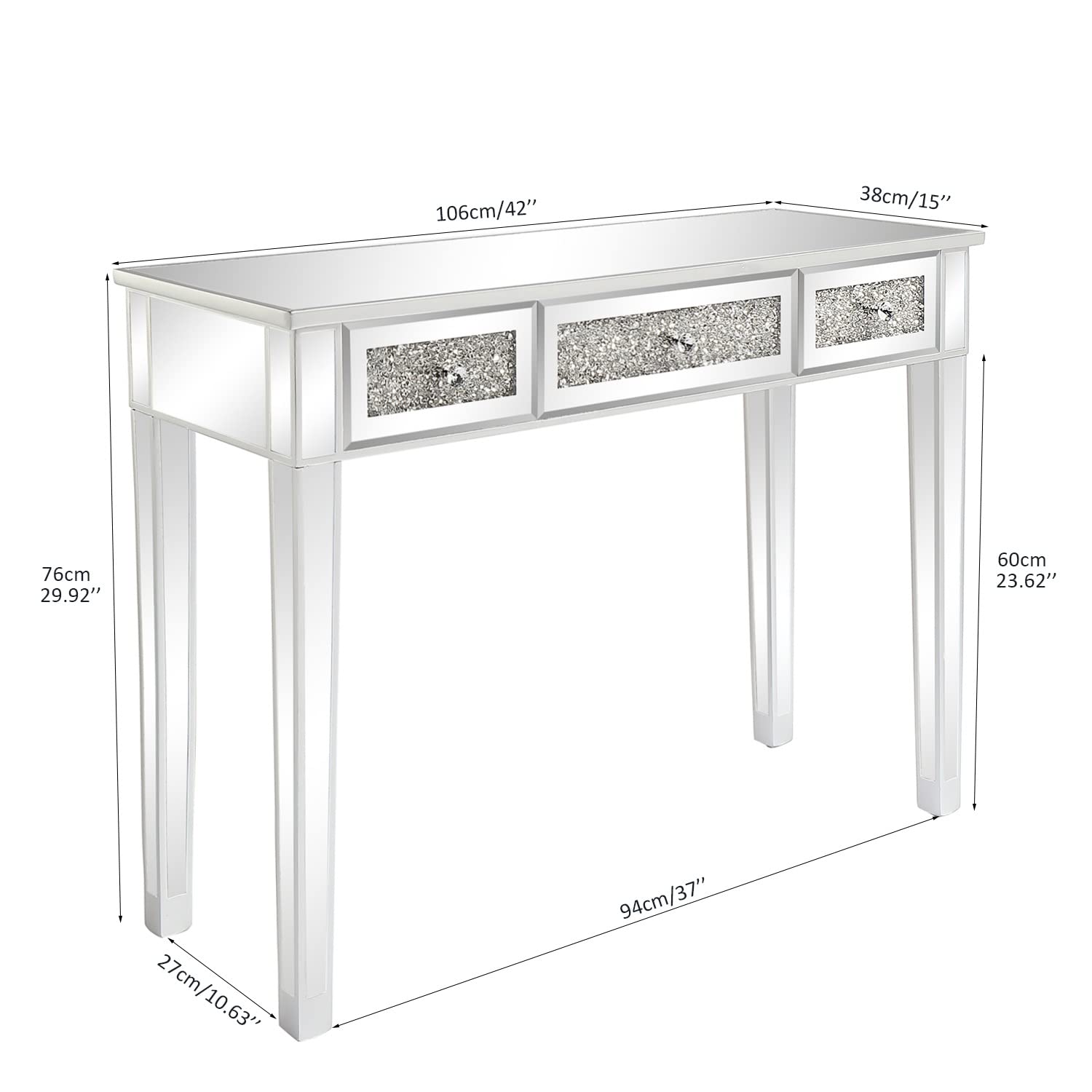 Modern Mirrored Console Table with 3 Drawers - Vanity Dressing Table, Sofa Side Table & Entryway Desk for Home Office, Bedroom & Hallway - Perfect for Makeup, Storage & Living Room Decor