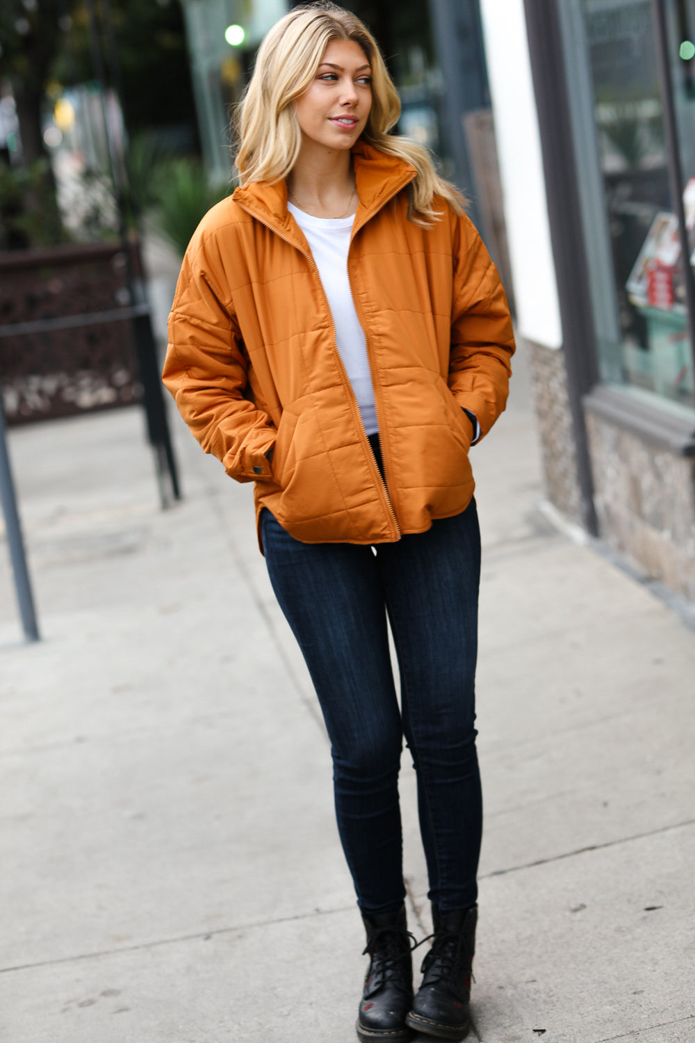 Butterscotch Quilted Puffer Jacket for Women - Warm Winter Coat with Stand Collar | Stylish Outerwear for Cold Weather, Outdoor Activities & Daily Commute