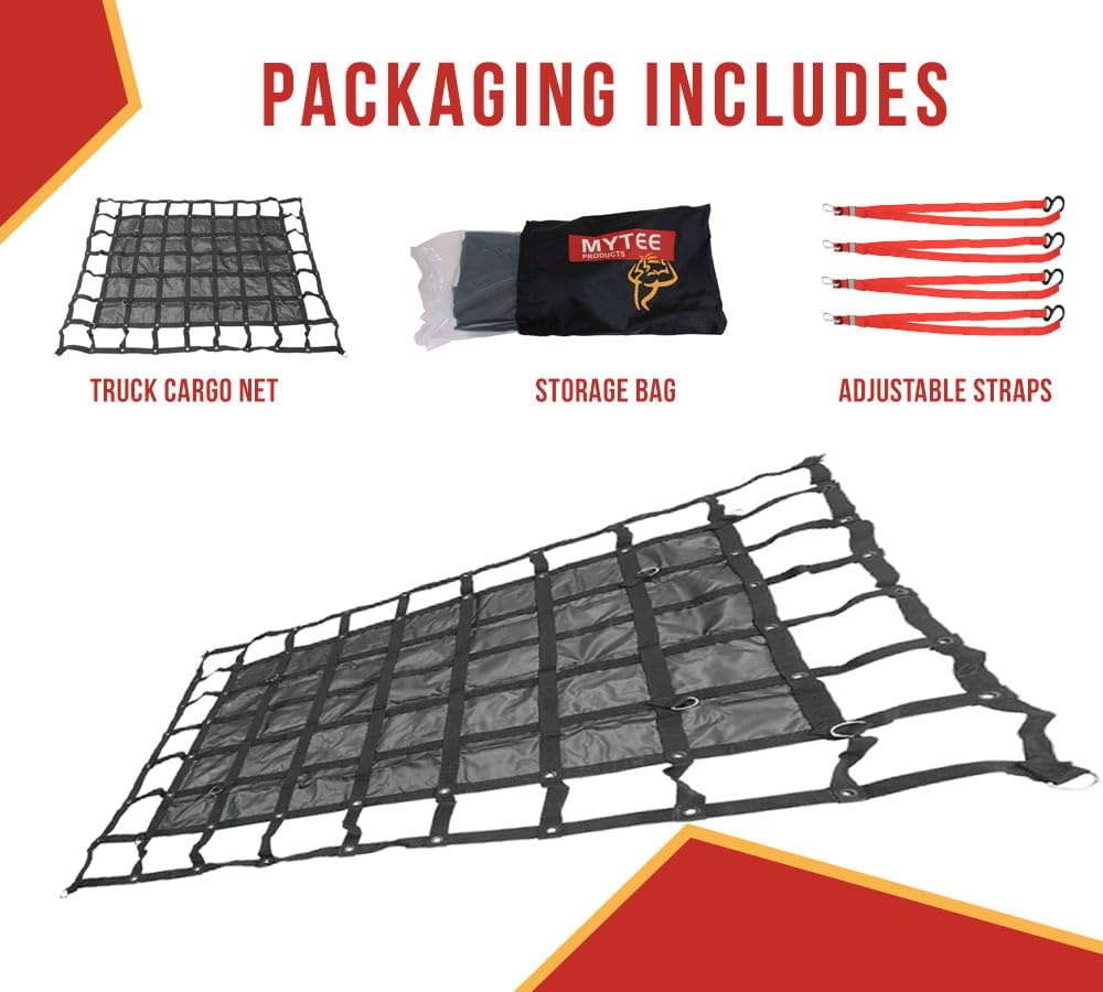 **Mytee Products Heavy Duty Truck Bed Cargo Net - 8.75' x 10' Large Vinyl Cargo Net for Pickup Trucks with 18 oz Vinyl, S-Hooks & Ratchets | Secure & Organize Gear for Camping, Moving & Hauling**