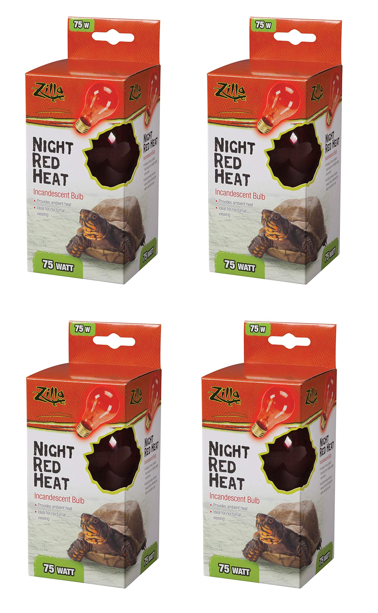 Zilla 4-Pack 75W Night Red Incandescent Heat Bulbs for Reptile Terrariums - Perfect for Lizards, Snakes & Amphibians Habitat Heating at Night