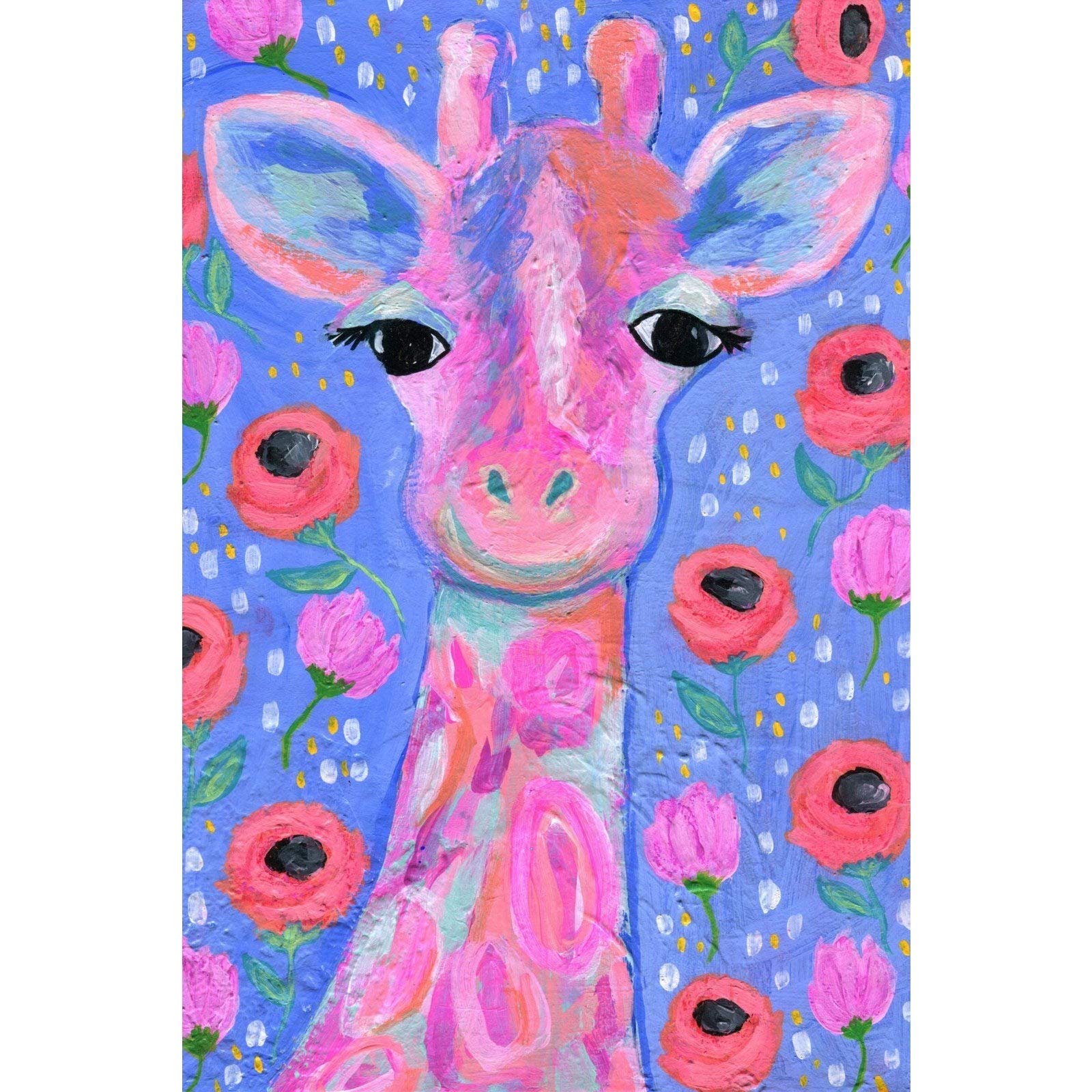 Lily The Giraffe Pink Wall Art - 30x45 Inch Framed Canvas Painting for Nursery, Kids Room & Modern Home Decor | Marmont Hill Inc