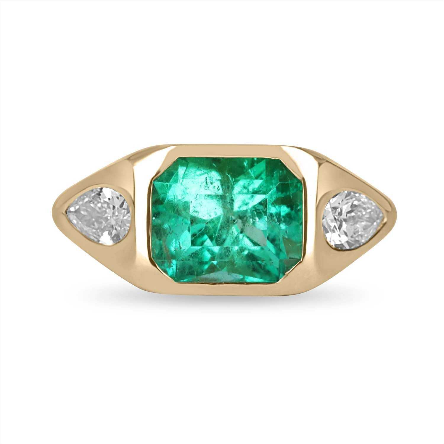 18K Gold Three Stone Emerald Cut Emerald & VVS Pear Cut Diamond Gypsy Ring - 4.62tcw AAA Quality for Engagement, Wedding & Anniversary Gifts