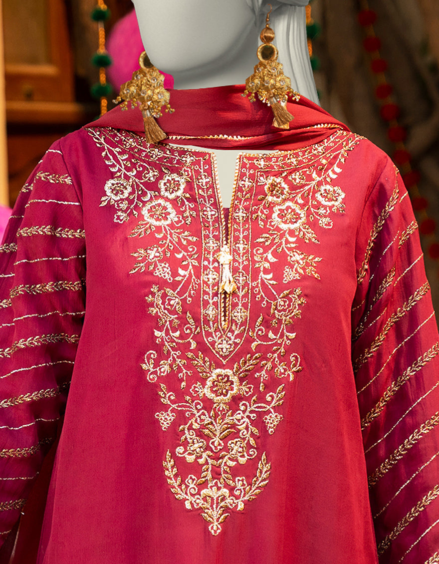 Elegant Red Chiffon Embroidered Suit by J. Junaid Jamshed - Perfect for Weddings, Parties & Special Occasions