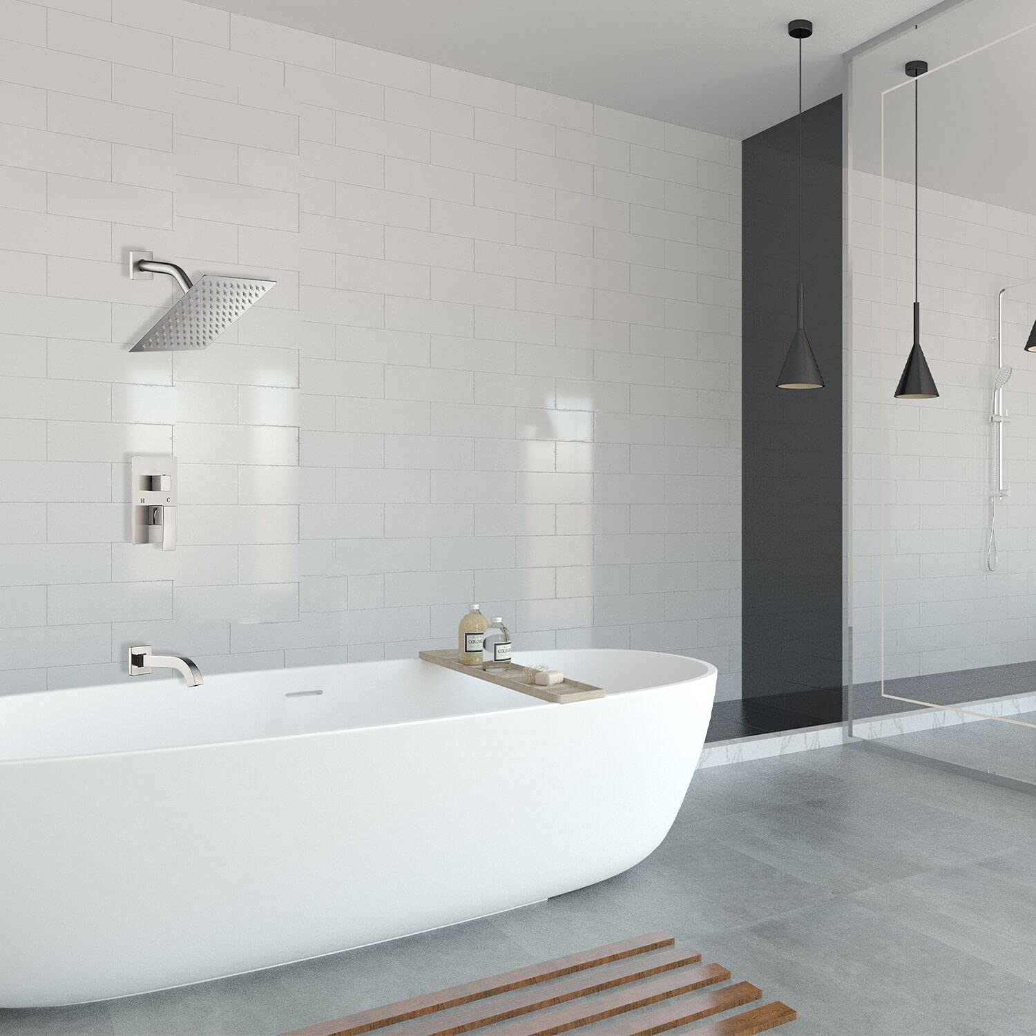 GGStudy Brushed Nickel Shower Trim Kit with Rough-in Valve - 8 Inch Square Stainless Steel Rainfall Shower Head & Tub Faucet System - Dual Function Bathroom Set for Modern Home Spa Experience