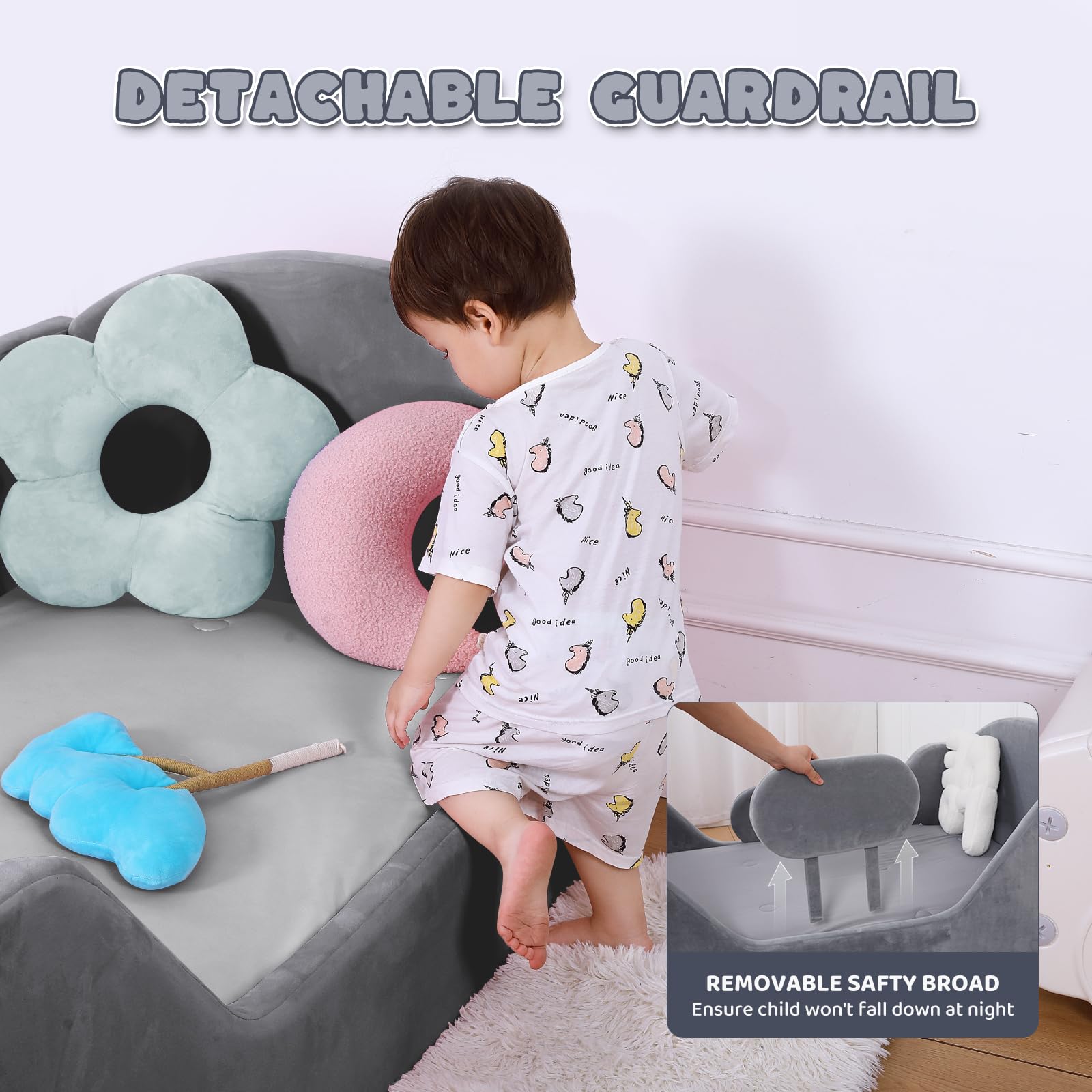 Round Toddler Bed with Safety Rail & Upholstered Headboard - Standard Crib Size Floor Bed for Kids 18 Months to 6 Years (Gray, No Mattress) | Safe Transition Bed for Montessori Room, Daycare or Nursery