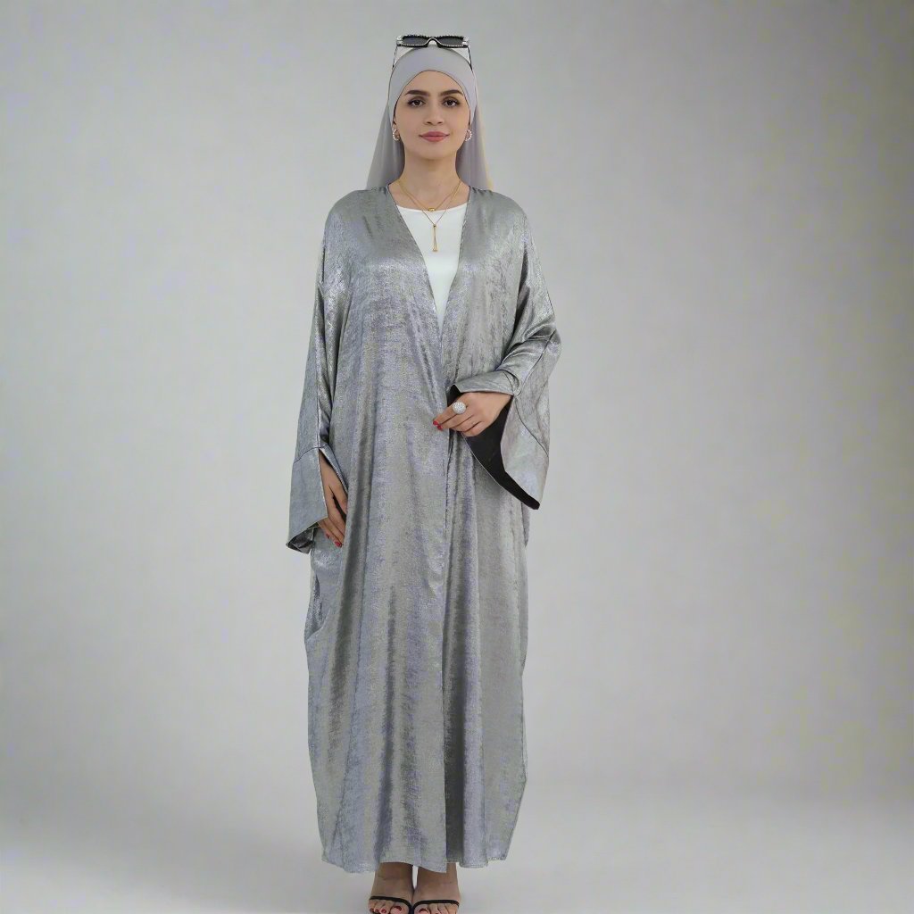 Celine Shimmer Kimono Open Abaya - Elegant Silver Muslim Abaya Dress for Women | Perfect for Prayer, Special Occasions & Evening Wear