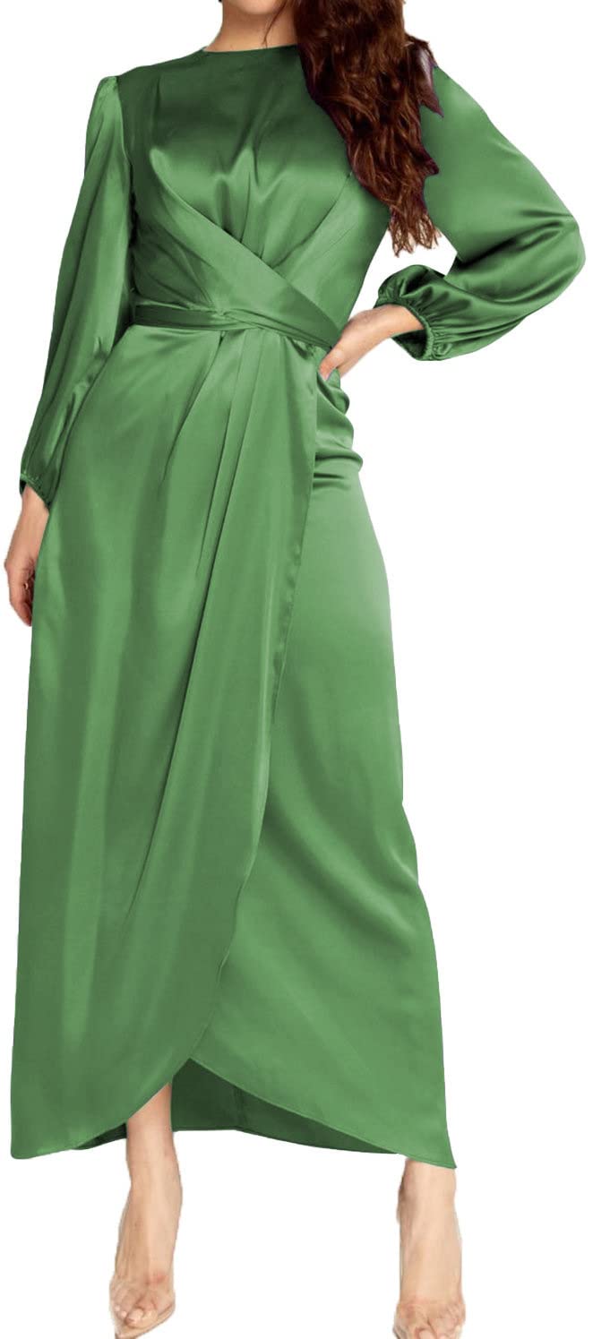 Elegant Empire Waist Long Sleeve Satin Maxi Dress for Women - Perfect for Weddings, Parties & Special Occasions